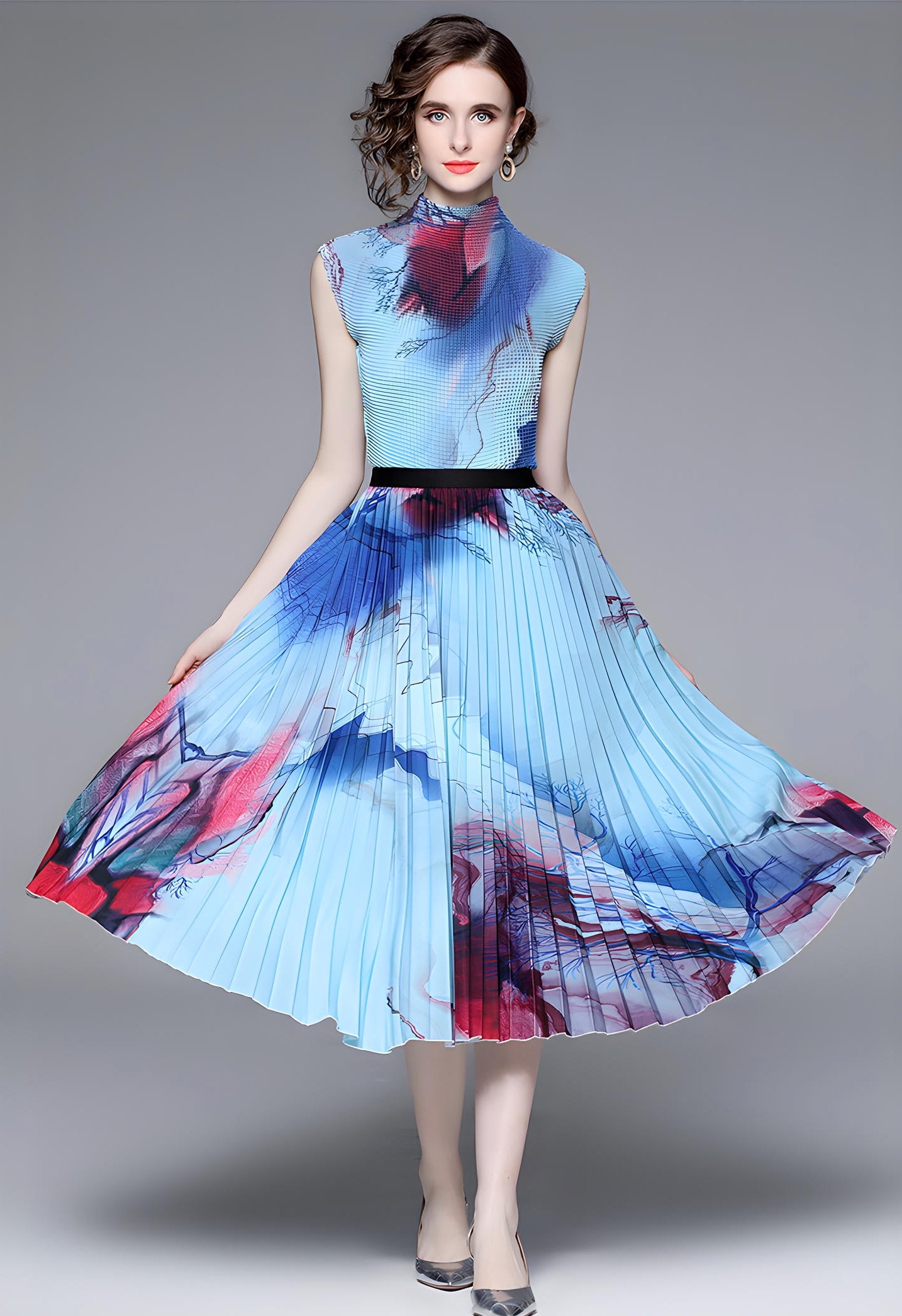 Meadow Miyaki Fold Blouse Pleated Skirt Two Piece Chiffon Set	- 711079831298_BLU