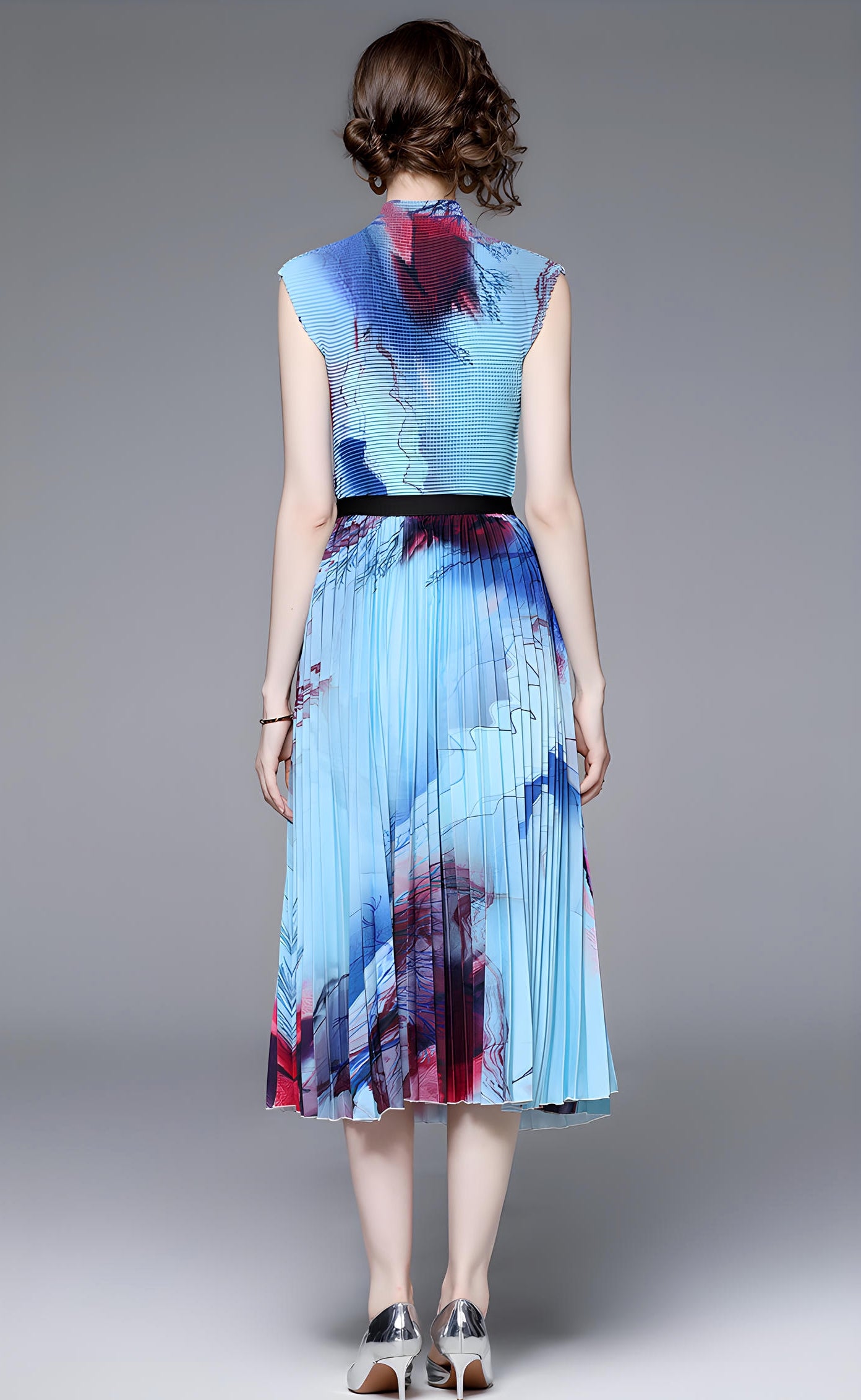 Meadow Miyaki Fold Blouse Pleated Skirt Two Piece Chiffon Set	- 711079831298_BLU