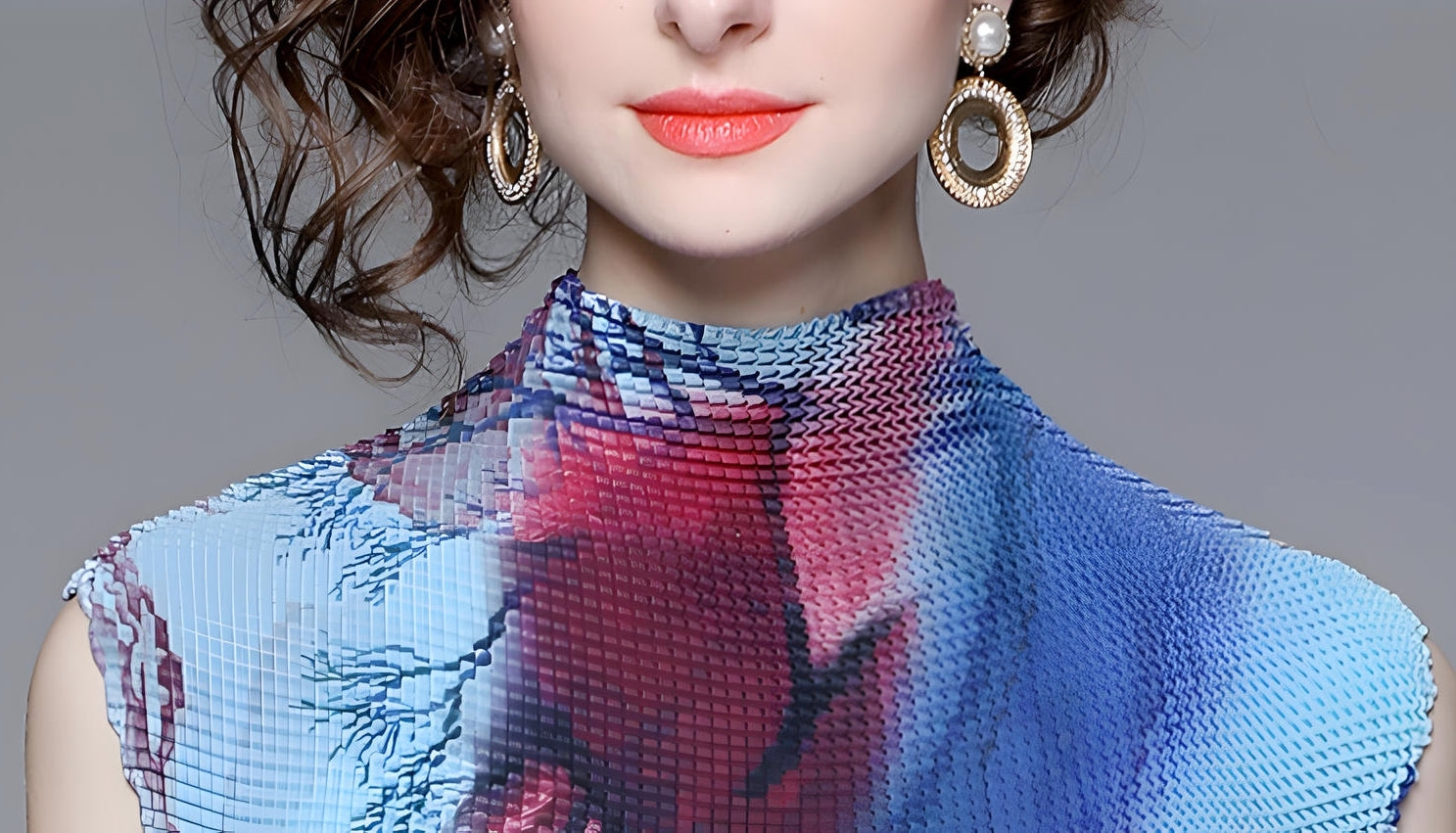 Meadow Miyaki Fold Blouse Pleated Skirt Two Piece Chiffon Set	- 711079831298_BLU