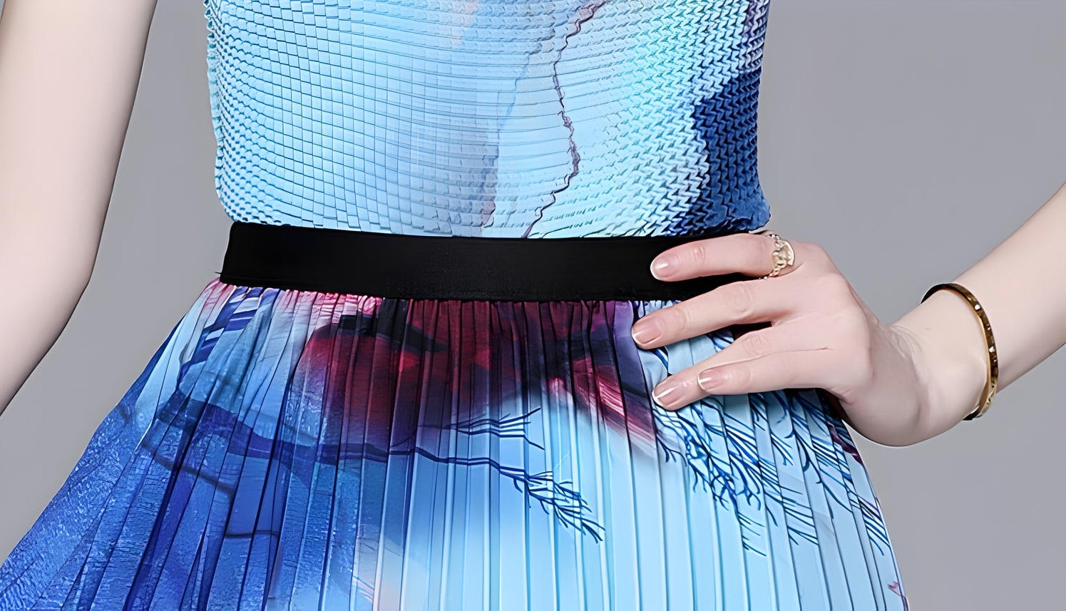 Meadow Miyaki Fold Blouse Pleated Skirt Two Piece Chiffon Set	- 711079831298_BLU