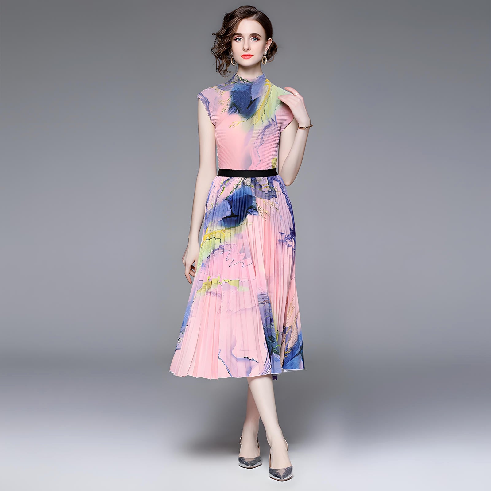 Meadow Miyaki Fold Blouse Pleated Skirt Two Piece Chiffon Set	- 711079831298_PIN