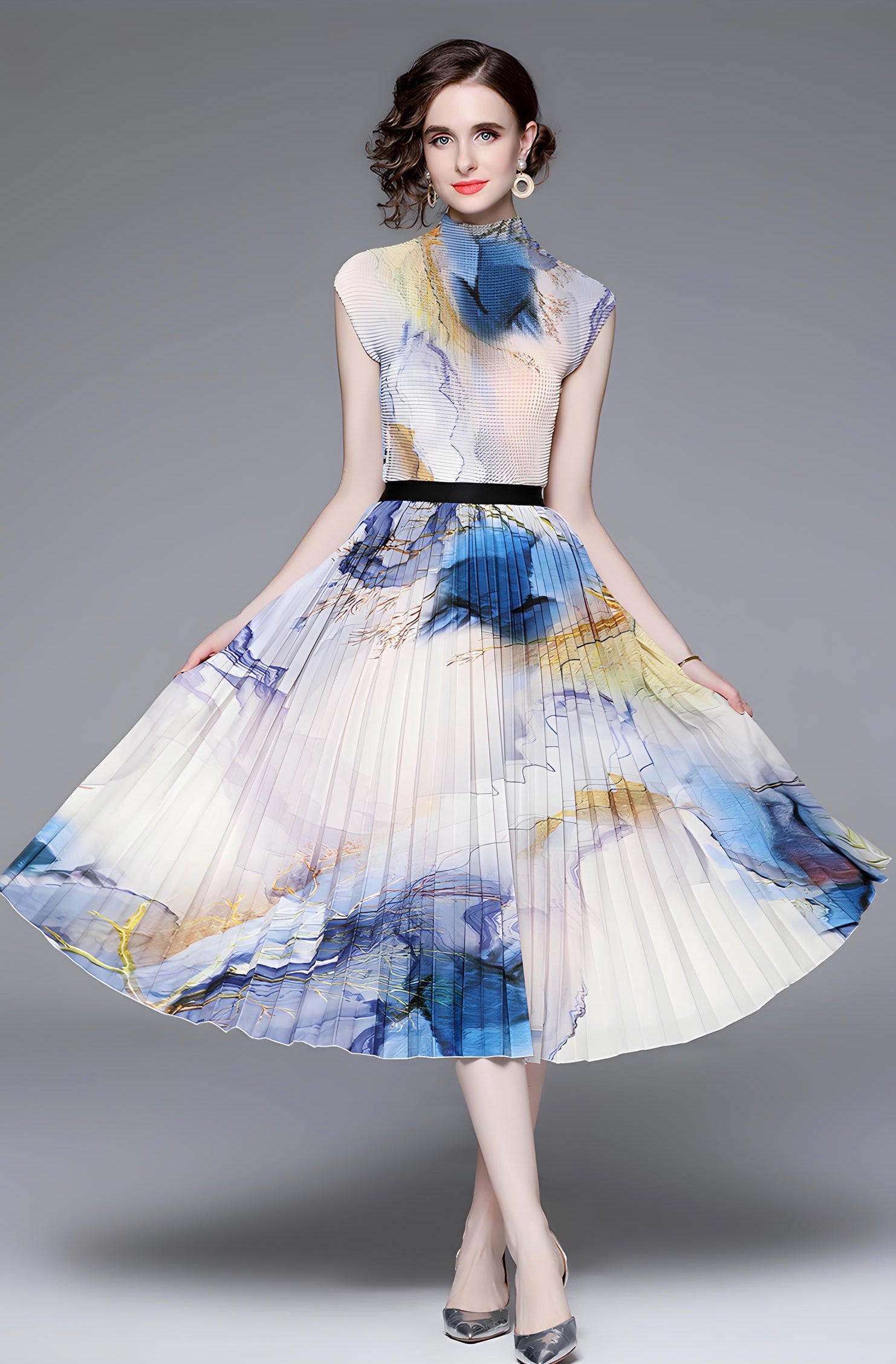 Meadow Miyaki Fold Blouse Pleated Skirt Two Piece Chiffon Set	- 711079831298_WHI