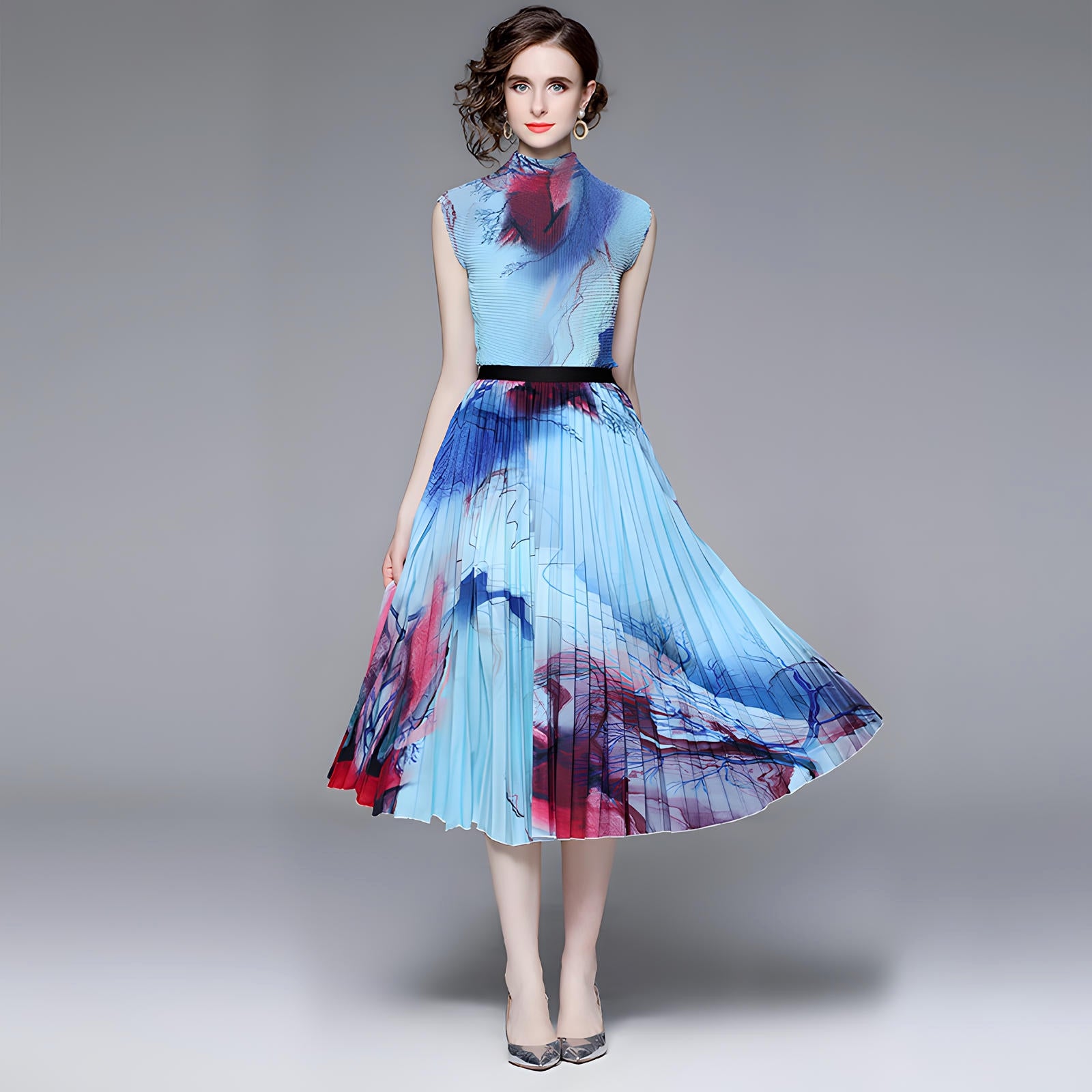 Meadow Miyaki Fold Blouse Pleated Skirt Two Piece Chiffon Set	- 711079831298_BLU