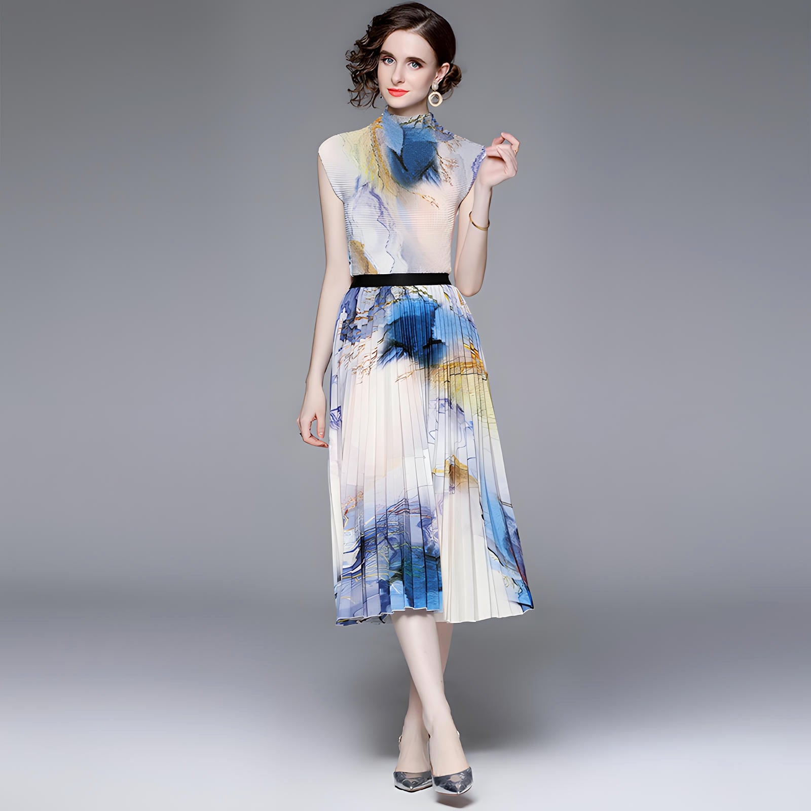 Meadow Miyaki Fold Blouse Pleated Skirt Two Piece Chiffon Set	- 711079831298_WHI