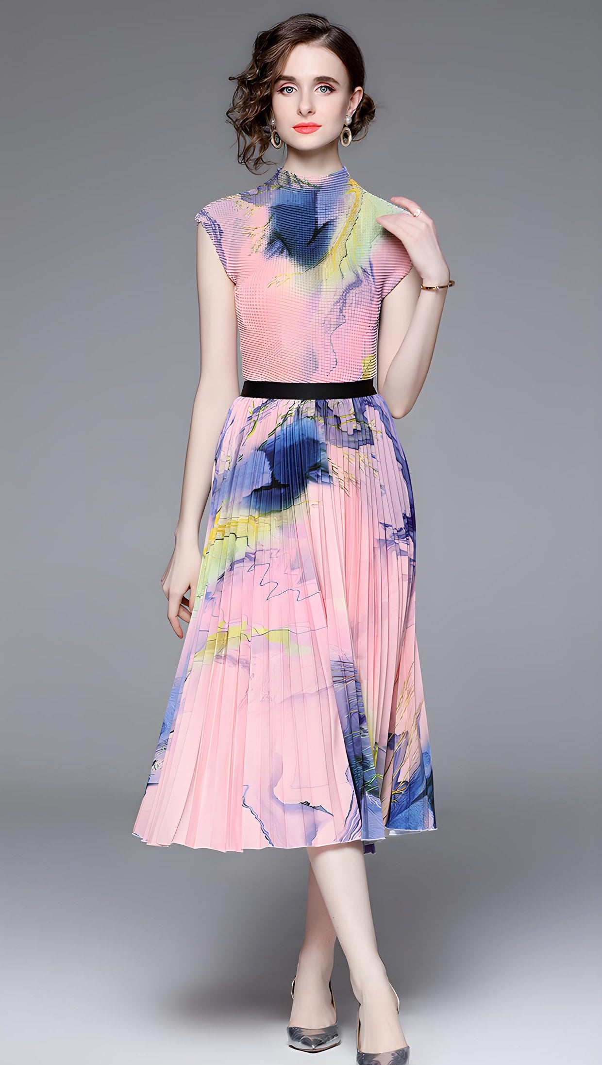 Meadow Miyaki Fold Blouse Pleated Skirt Two Piece Chiffon Set	- 711079831298_PIN