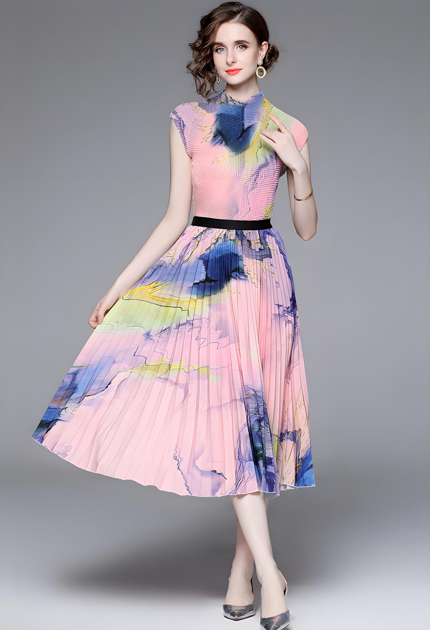 Meadow Miyaki Fold Blouse Pleated Skirt Two Piece Chiffon Set	- 711079831298_PIN