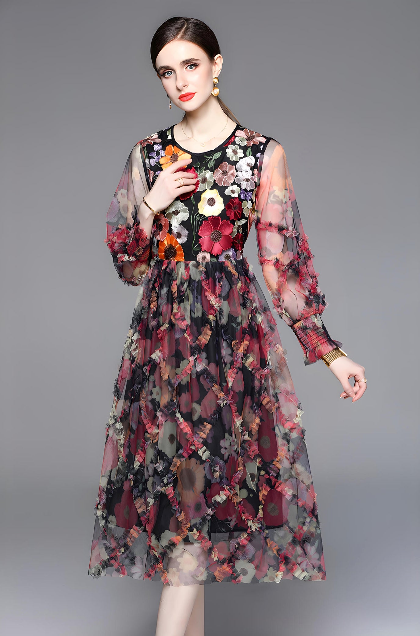 Chiffon Dress with Heavy Floral Embroidery Blouse Mesh Gauze Skirt and Bishop Sleeves - 711079955130_BAS