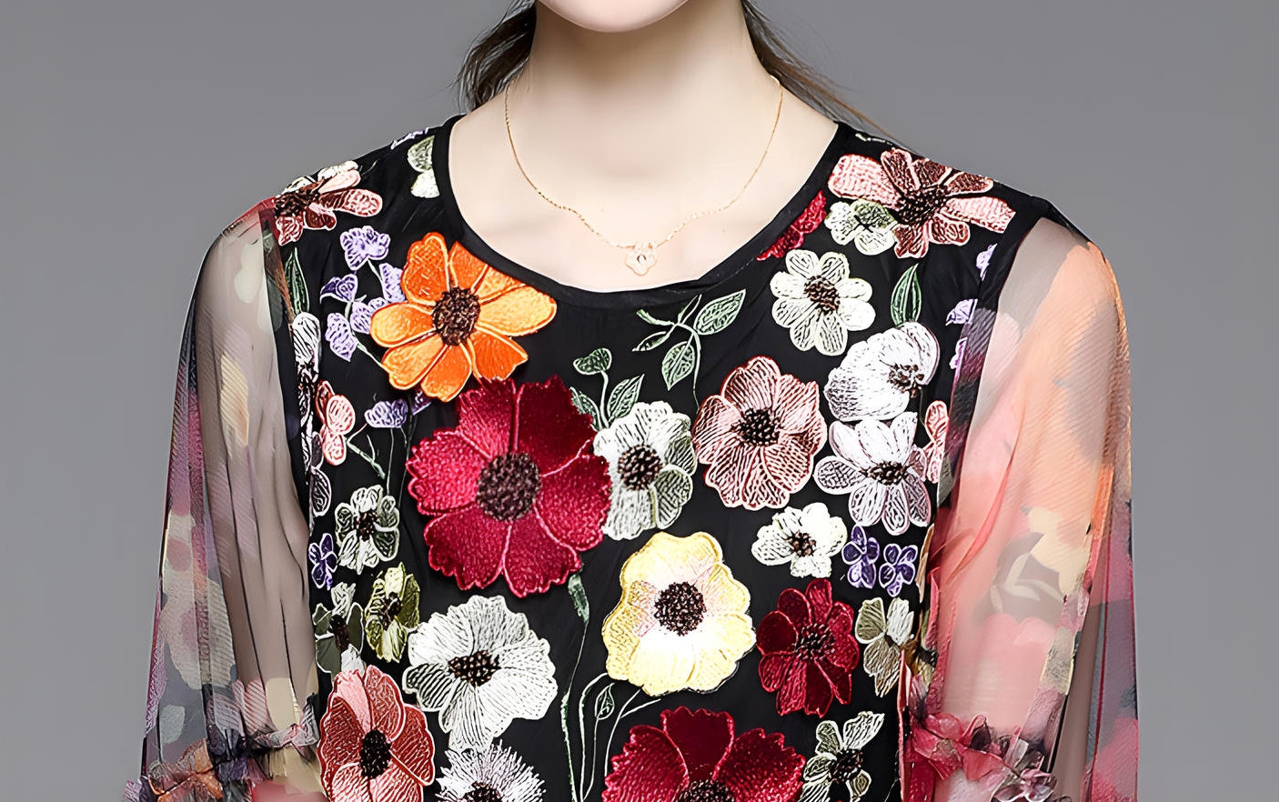 Chiffon Dress with Heavy Floral Embroidery Blouse Mesh Gauze Skirt and Bishop Sleeves - 711079955130_BAS