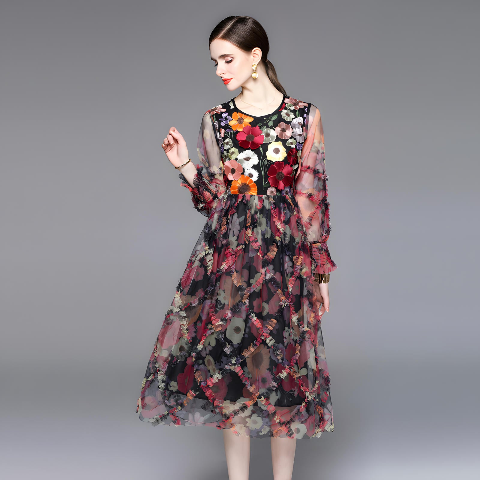 Chiffon Dress with Heavy Floral Embroidery Blouse Mesh Gauze Skirt and Bishop Sleeves - 711079955130_BAS