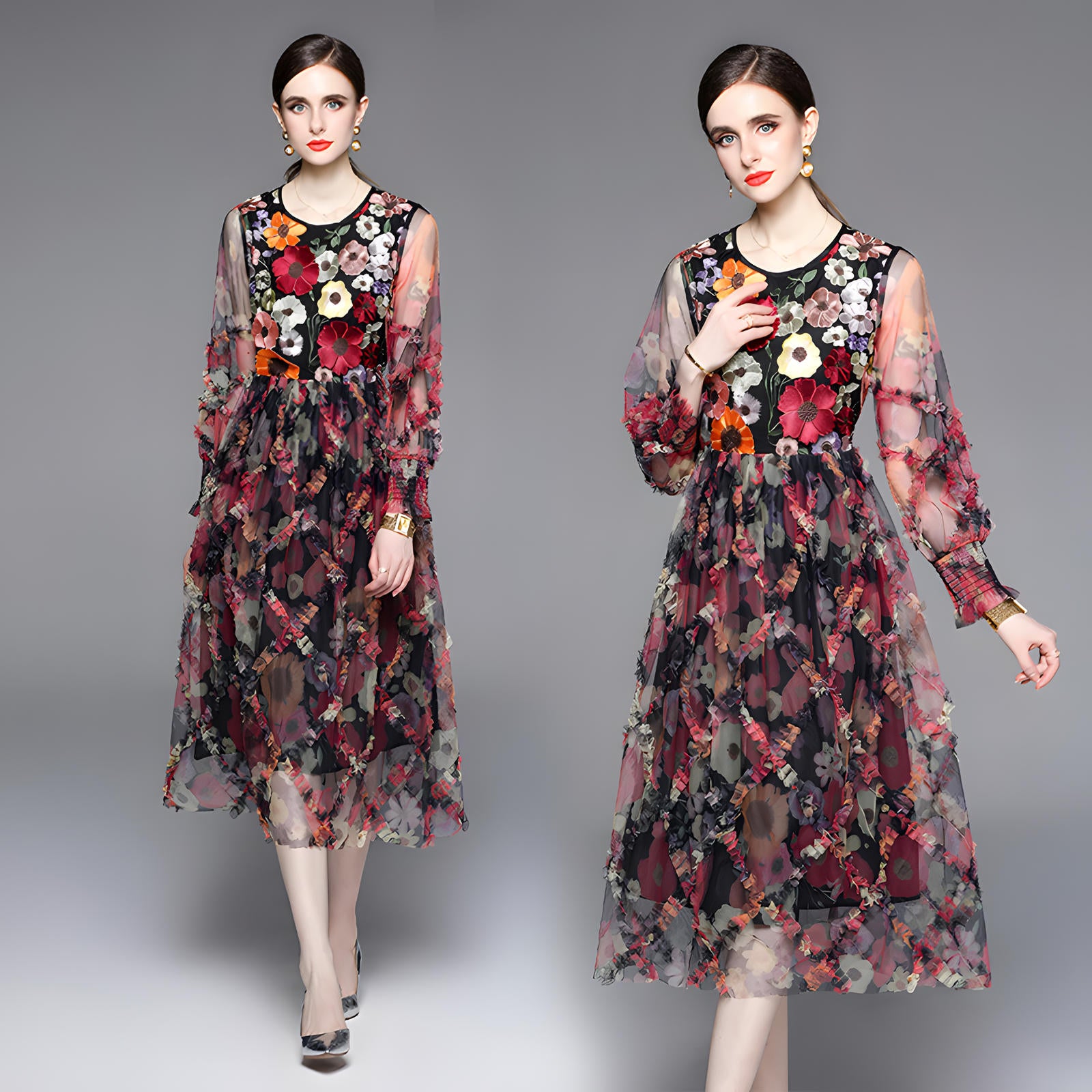 Chiffon Dress with Heavy Floral Embroidery Blouse Mesh Gauze Skirt and Bishop Sleeves - 711079955130_BAS