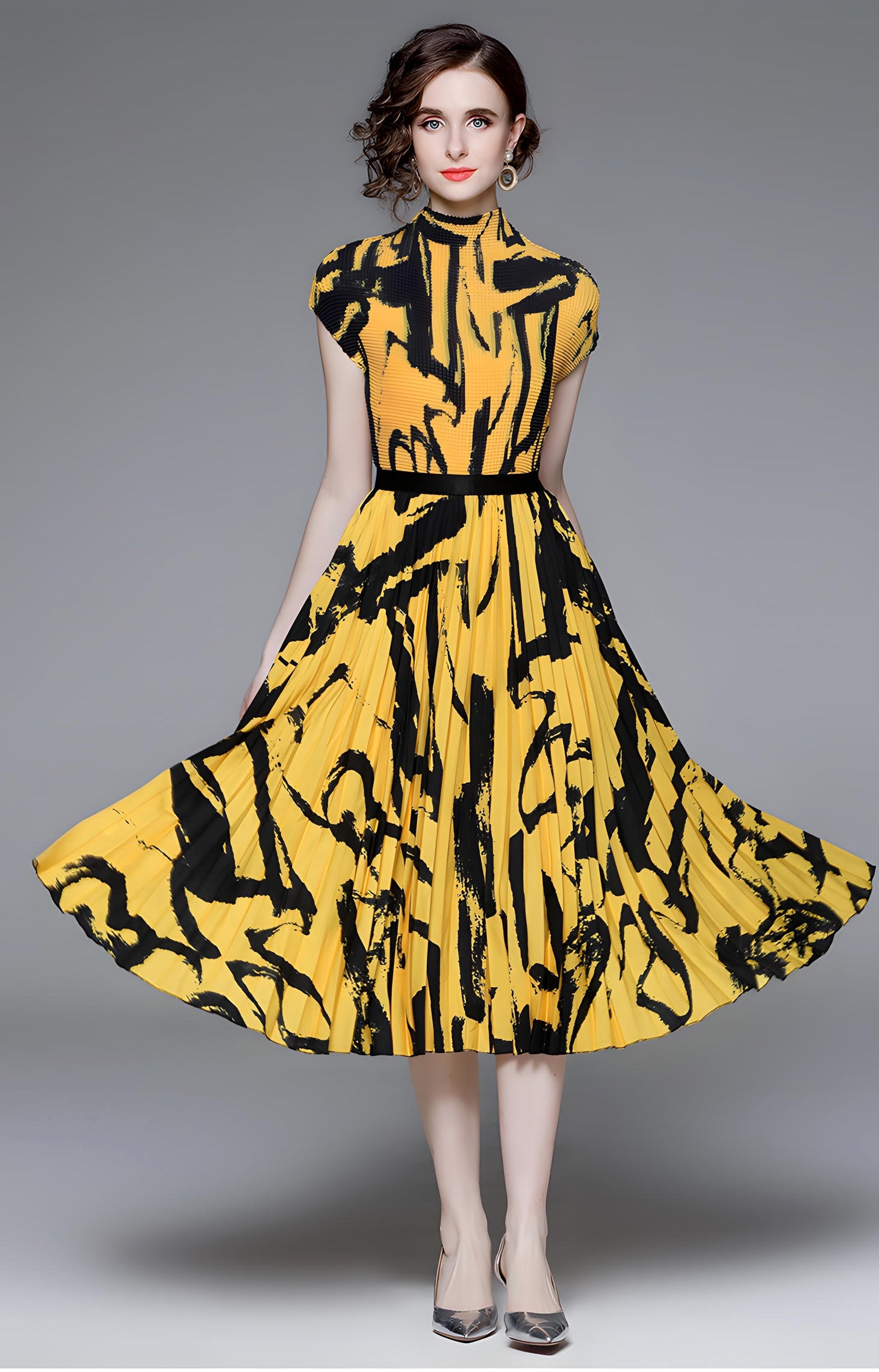 Yellow Abstract Pattern Miyaki Fold Blouse Pleated Skirt Two Piece Chiffon Set - 711081431026_YEL