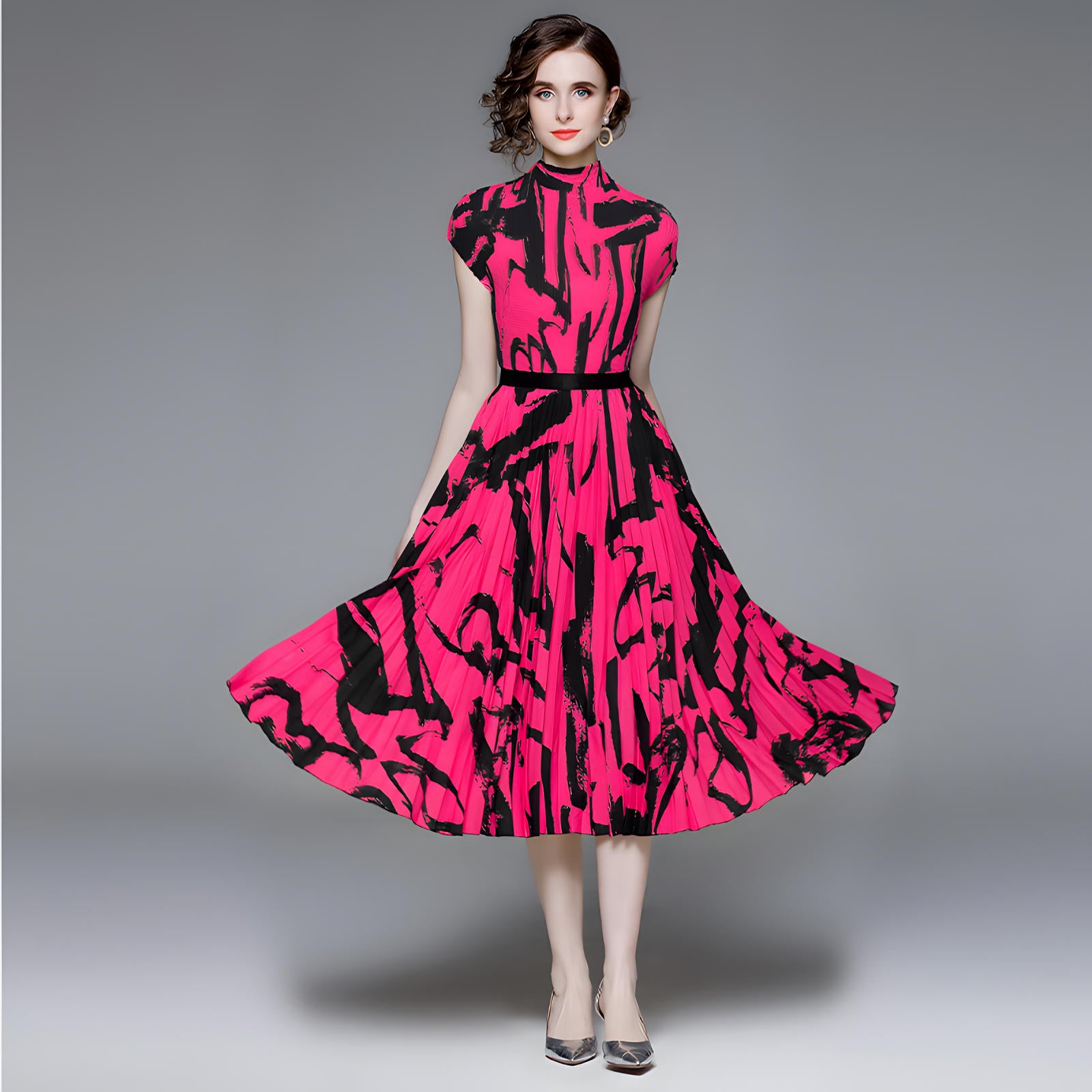 Fuschia Abstract Pattern Miyaki Fold Blouse Pleated Skirt Two Piece Chiffon Set - 711081431026_FUS