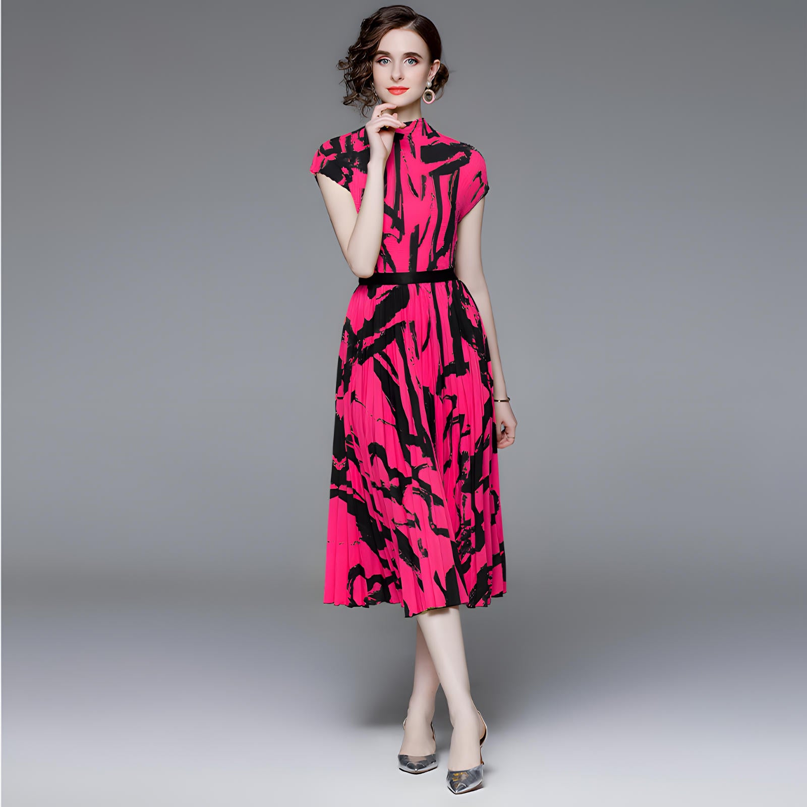 Fuschia Abstract Pattern Miyaki Fold Blouse Pleated Skirt Two Piece Chiffon Set - 711081431026_FUS