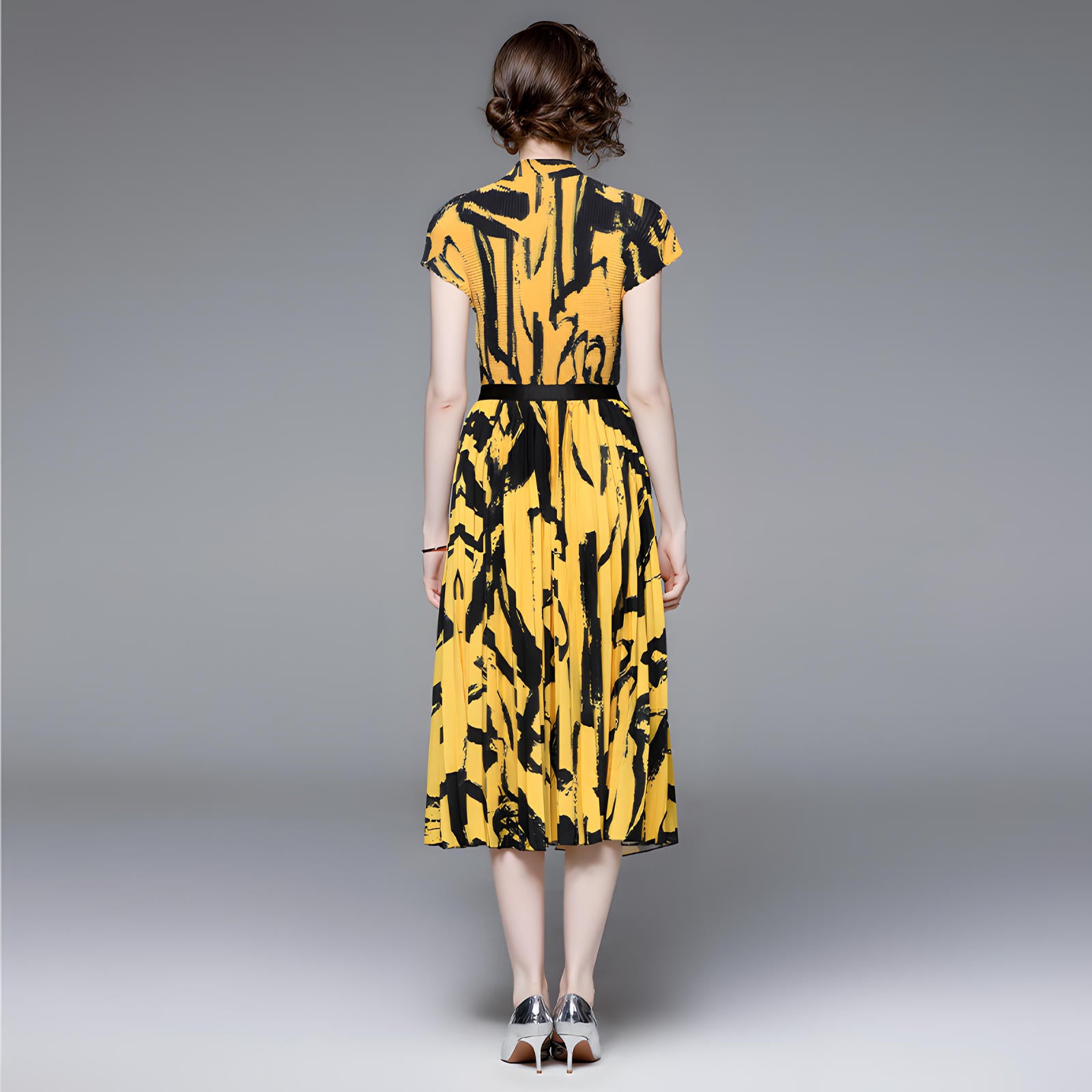 Yellow Abstract Pattern Miyaki Fold Blouse Pleated Skirt Two Piece Chiffon Set - 711081431026_YEL