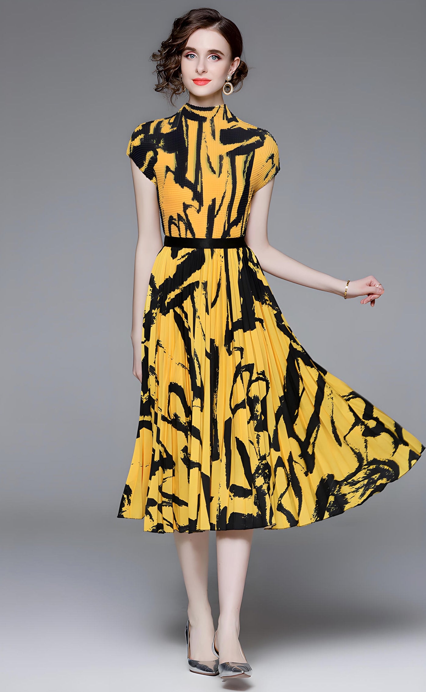 Yellow Abstract Pattern Miyaki Fold Blouse Pleated Skirt Two Piece Chiffon Set - 711081431026_YEL