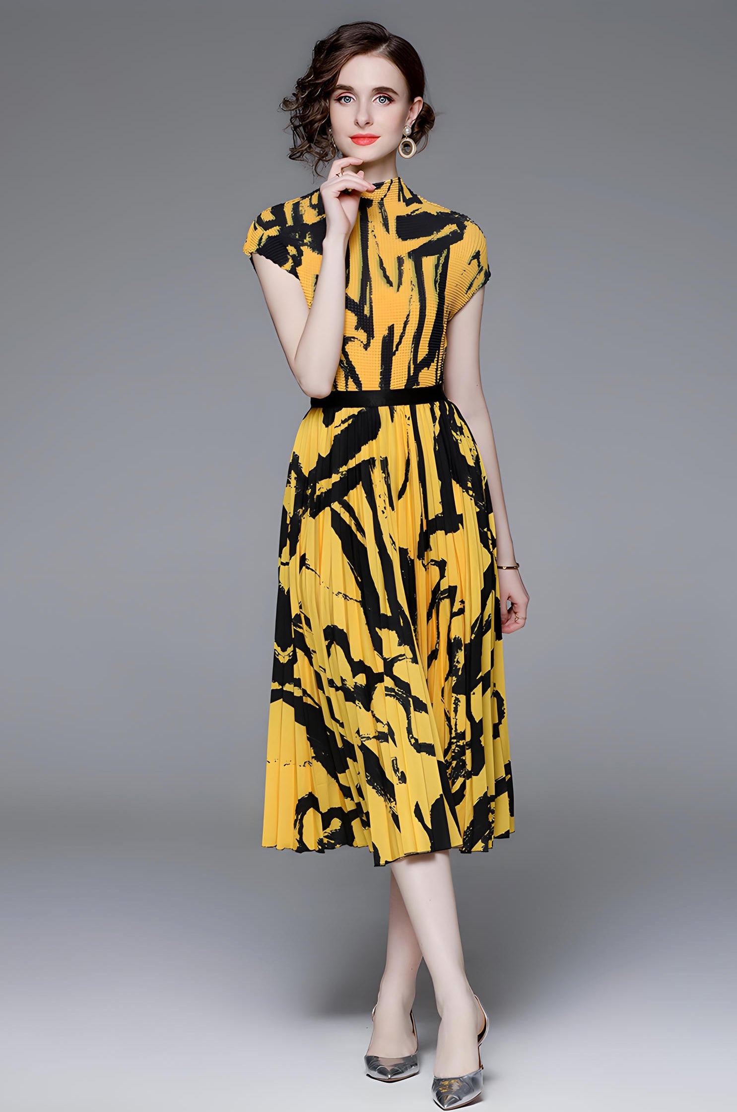 Yellow Abstract Pattern Miyaki Fold Blouse Pleated Skirt Two Piece Chiffon Set - 711081431026_YEL