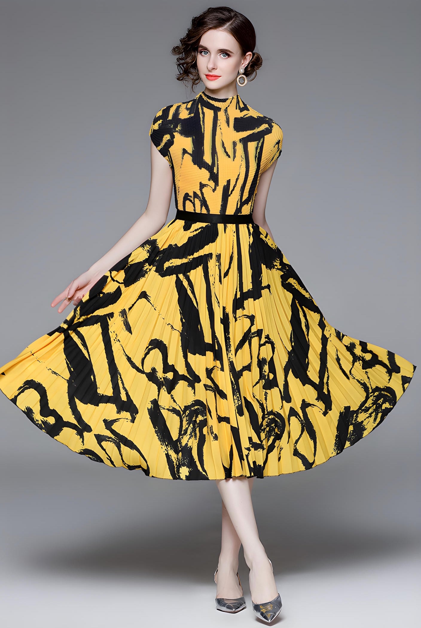 Yellow Abstract Pattern Miyaki Fold Blouse Pleated Skirt Two Piece Chiffon Set - 711081431026_YEL