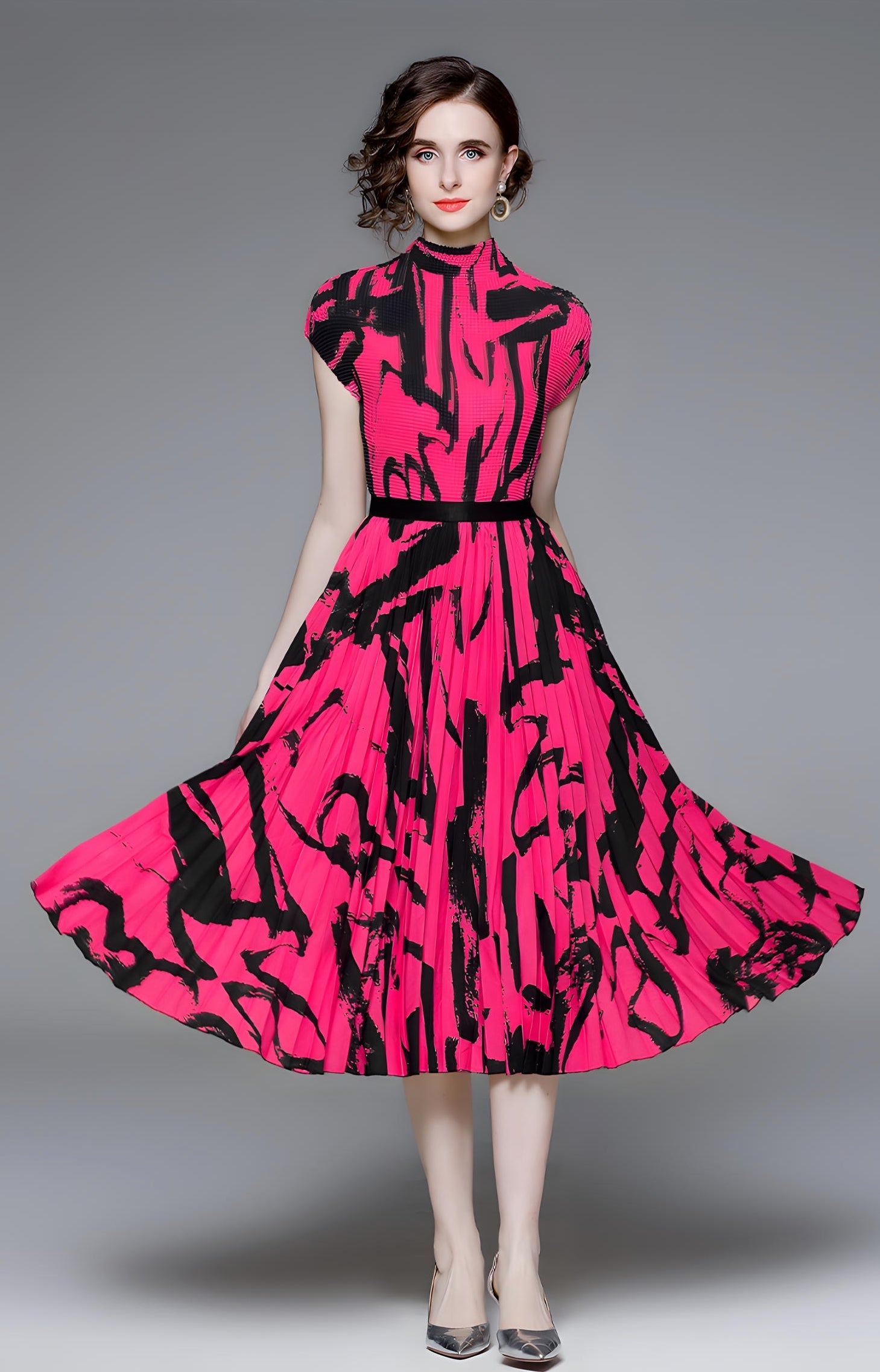 Fuschia Abstract Pattern Miyaki Fold Blouse Pleated Skirt Two Piece Chiffon Set - 711081431026_FUS