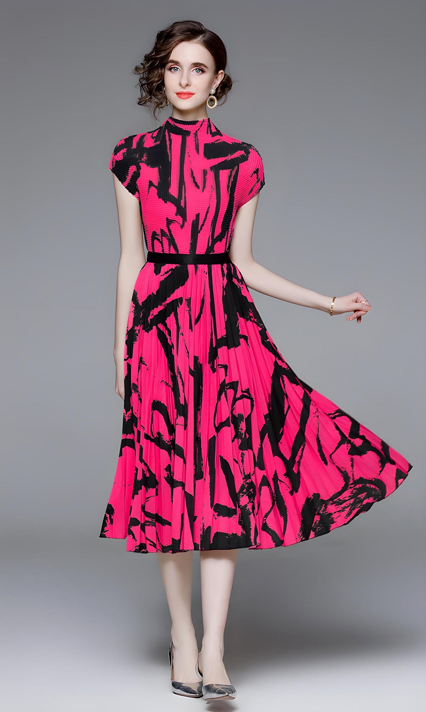 Fuschia Abstract Pattern Miyaki Fold Blouse Pleated Skirt Two Piece Chiffon Set - 711081431026_FUS