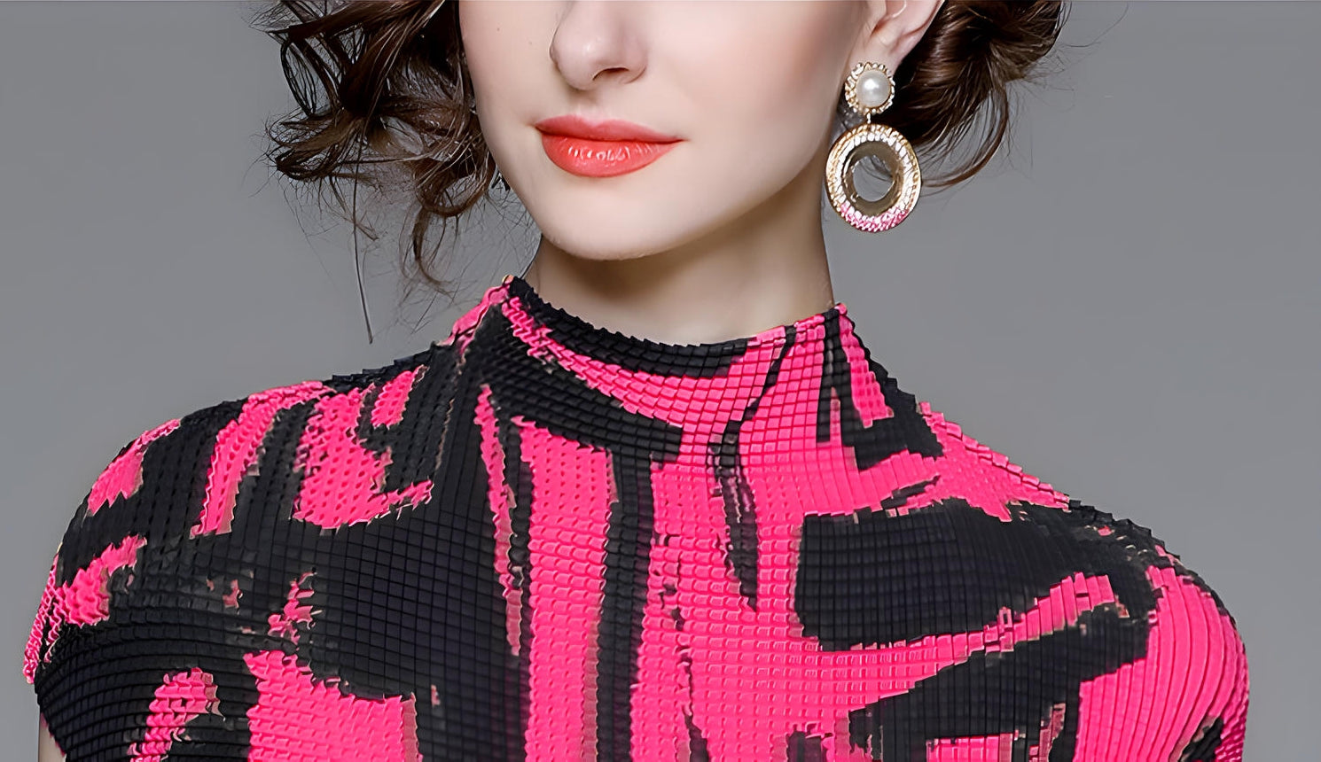 Fuschia Abstract Pattern Miyaki Fold Blouse Pleated Skirt Two Piece Chiffon Set - 711081431026_FUS