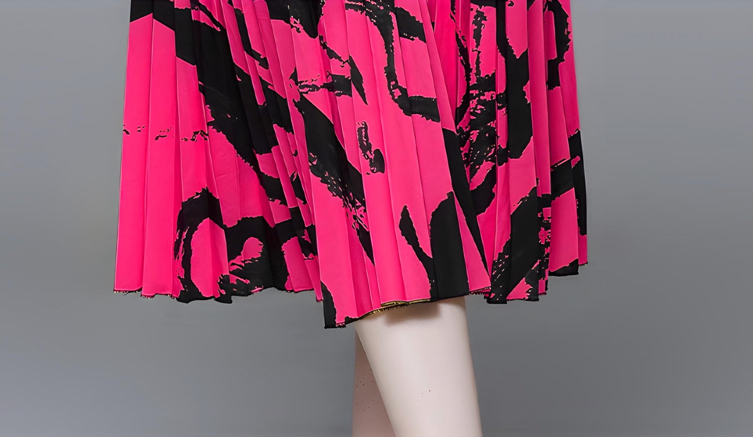 Fuschia Abstract Pattern Miyaki Fold Blouse Pleated Skirt Two Piece Chiffon Set - 711081431026_FUS