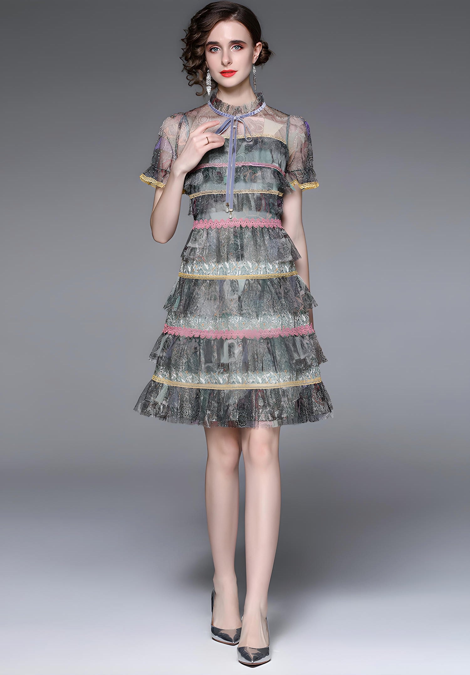 Multitier Lace And Mesh Short Dress with French Necktie - 713915104601_BAS