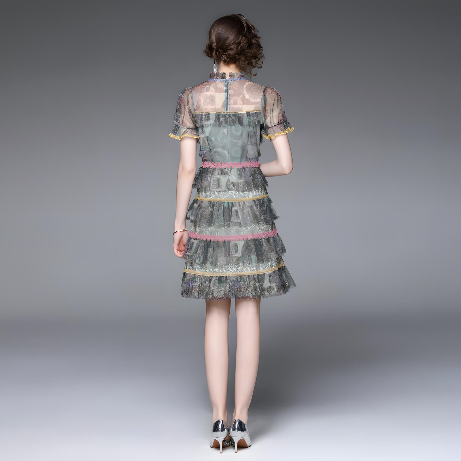 Multitier Lace And Mesh Short Dress with French Necktie - 713915104601_BAS