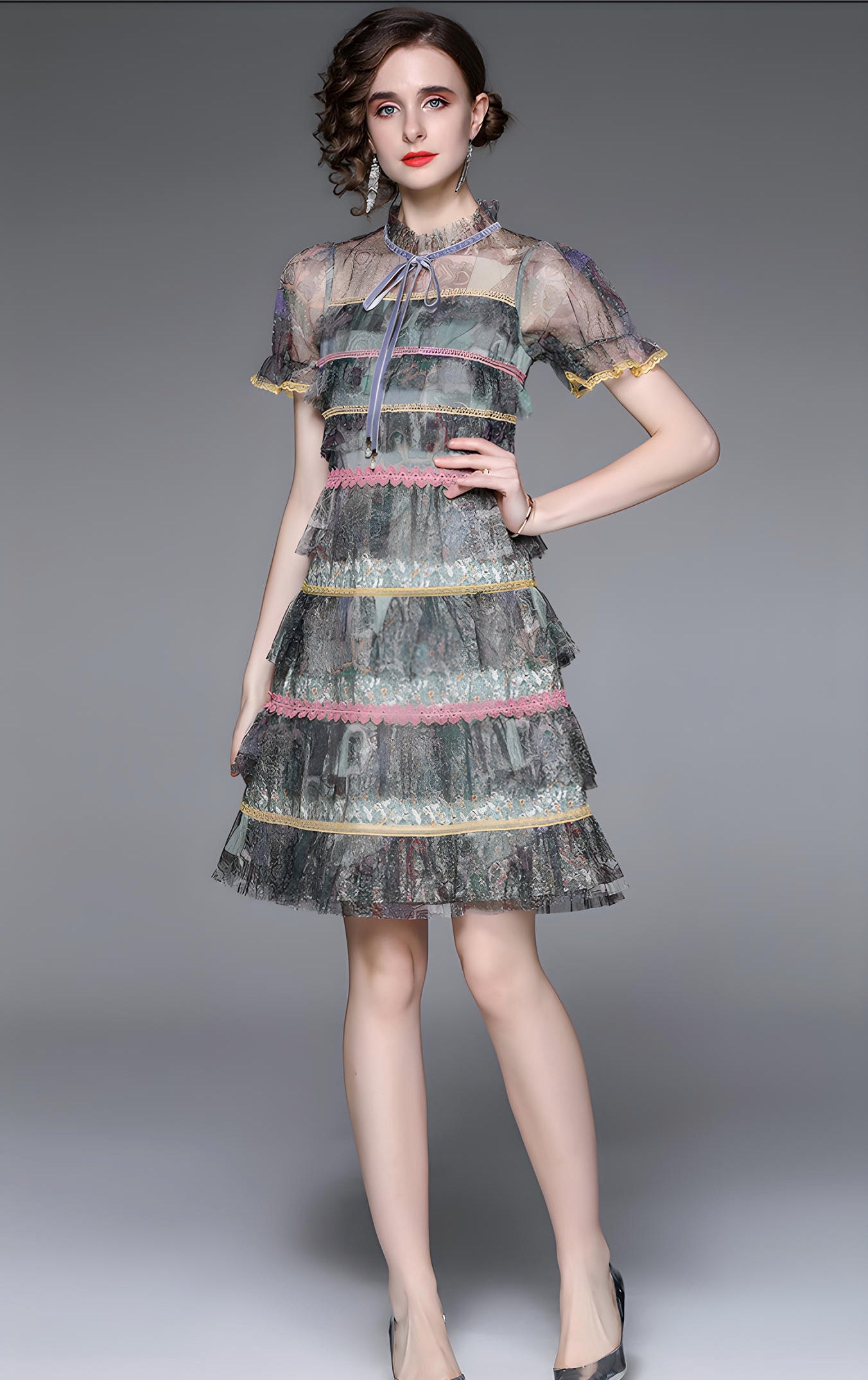 Multitier Lace And Mesh Short Dress with French Necktie - 713915104601_BAS