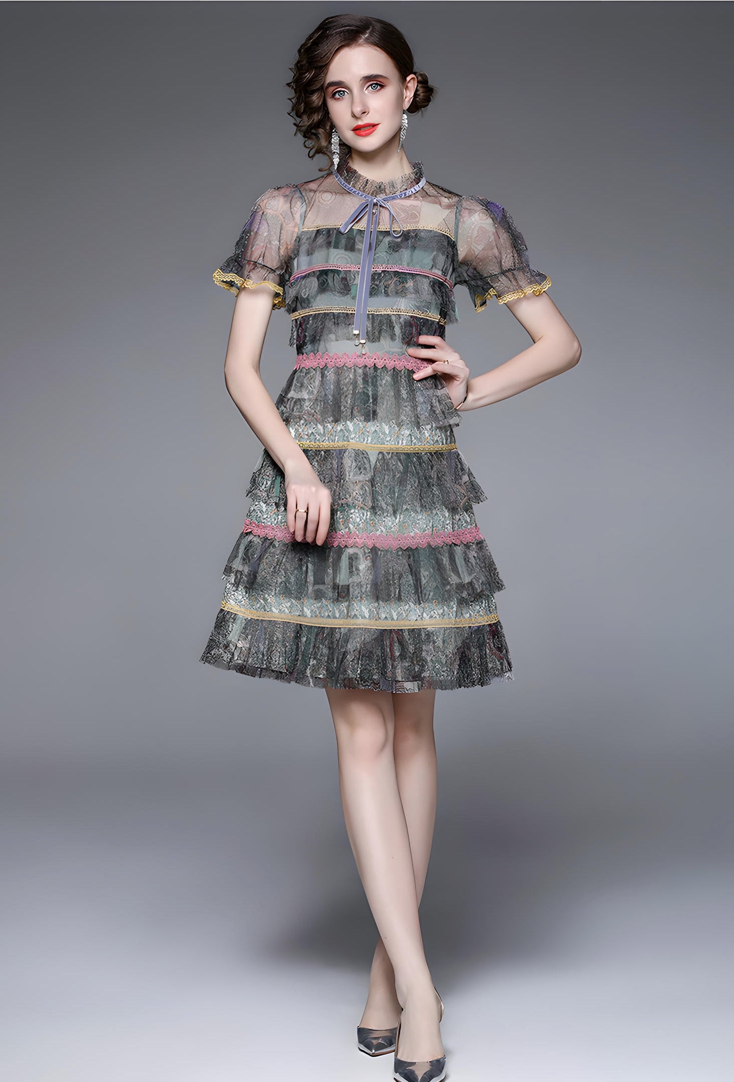 Multitier Lace And Mesh Short Dress with French Necktie - 713915104601_BAS