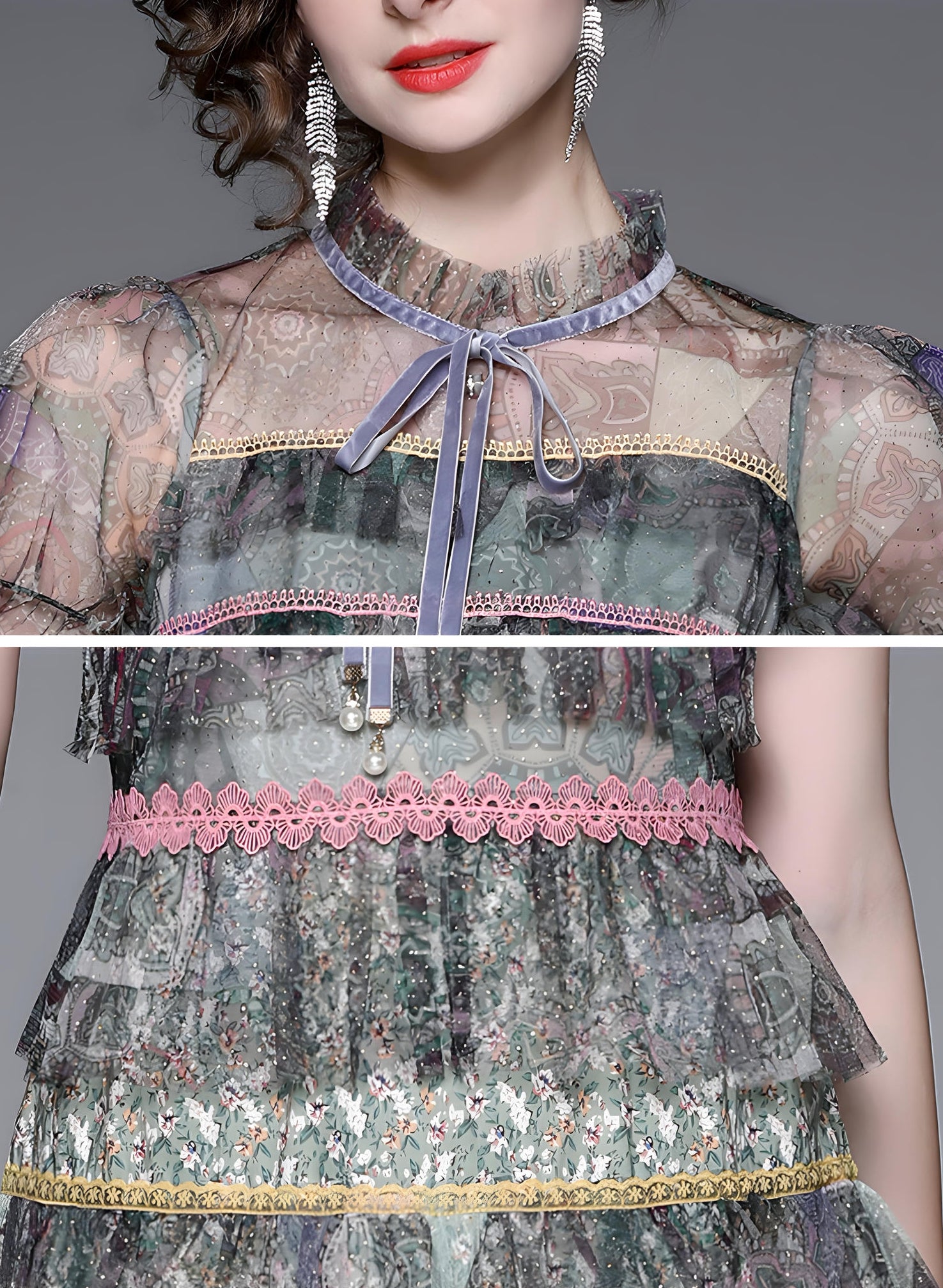 Multitier Lace And Mesh Short Dress with French Necktie - 713915104601_BAS