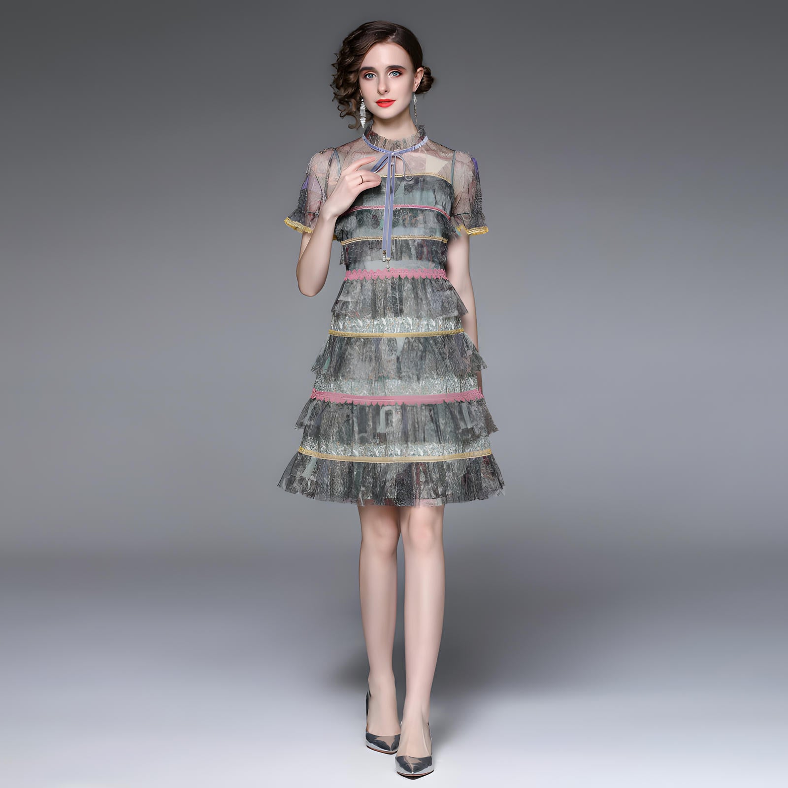 Multitier Lace And Mesh Short Dress with French Necktie - 713915104601_BAS