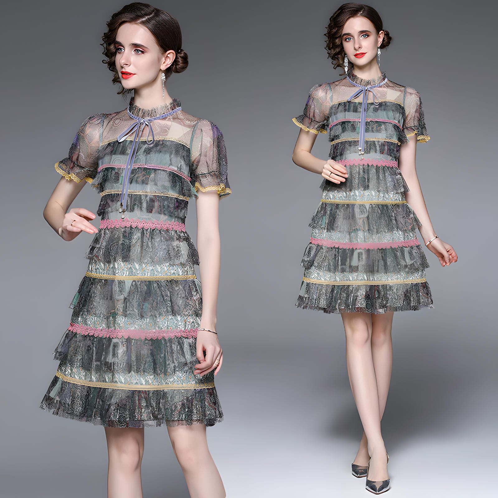 Multitier Lace And Mesh Short Dress with French Necktie - 713915104601_BAS