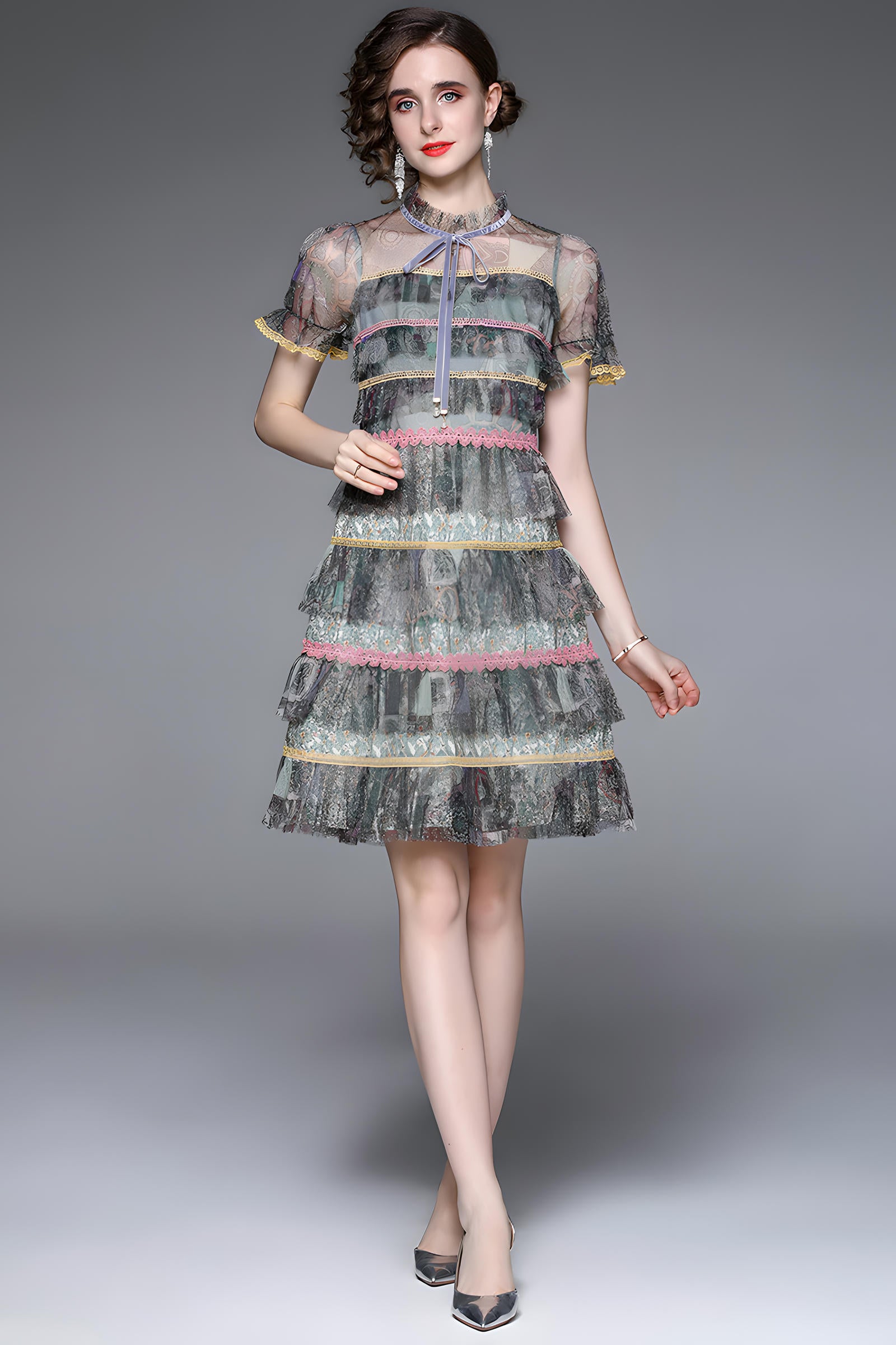 Multitier Lace And Mesh Short Dress with French Necktie - 713915104601_BAS