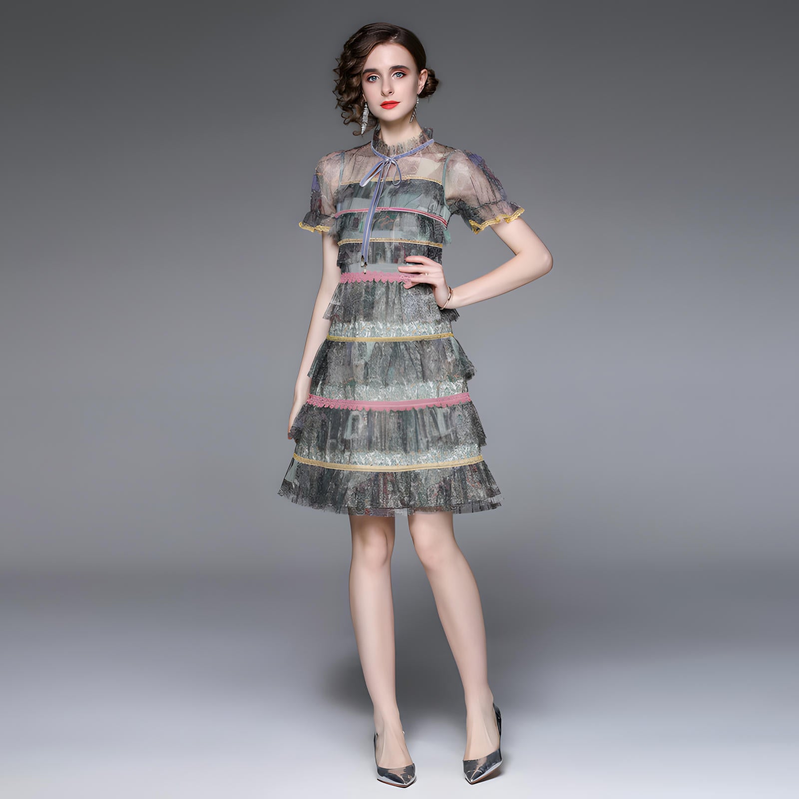 Multitier Lace And Mesh Short Dress with French Necktie - 713915104601_BAS