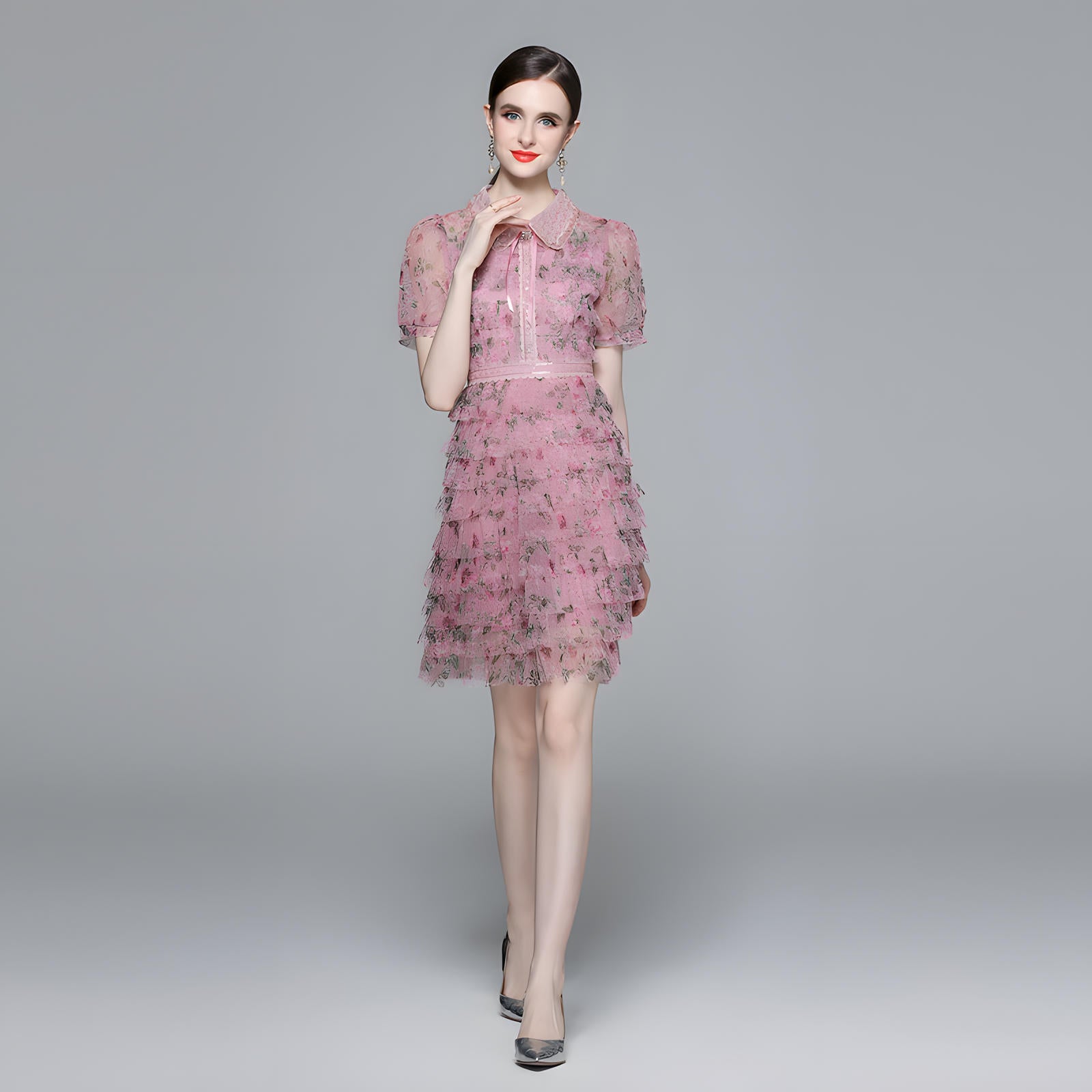 Pearl Beaded Doll Collar Multitier Ruffled Mesh Skirt Rose Red Short Dress - 714108182586_BAS