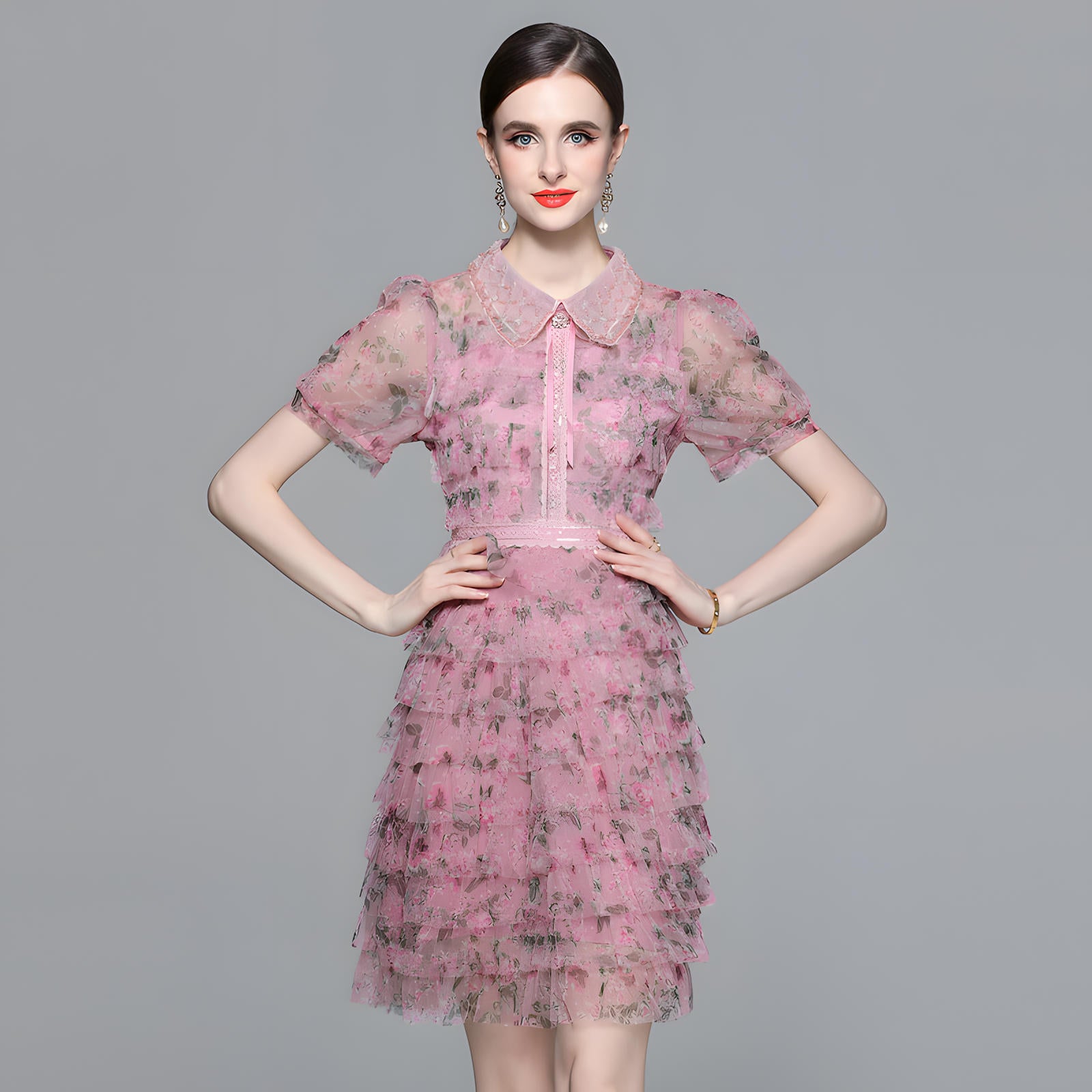 Pearl Beaded Doll Collar Multitier Ruffled Mesh Skirt Rose Red Short Dress - 714108182586_BAS