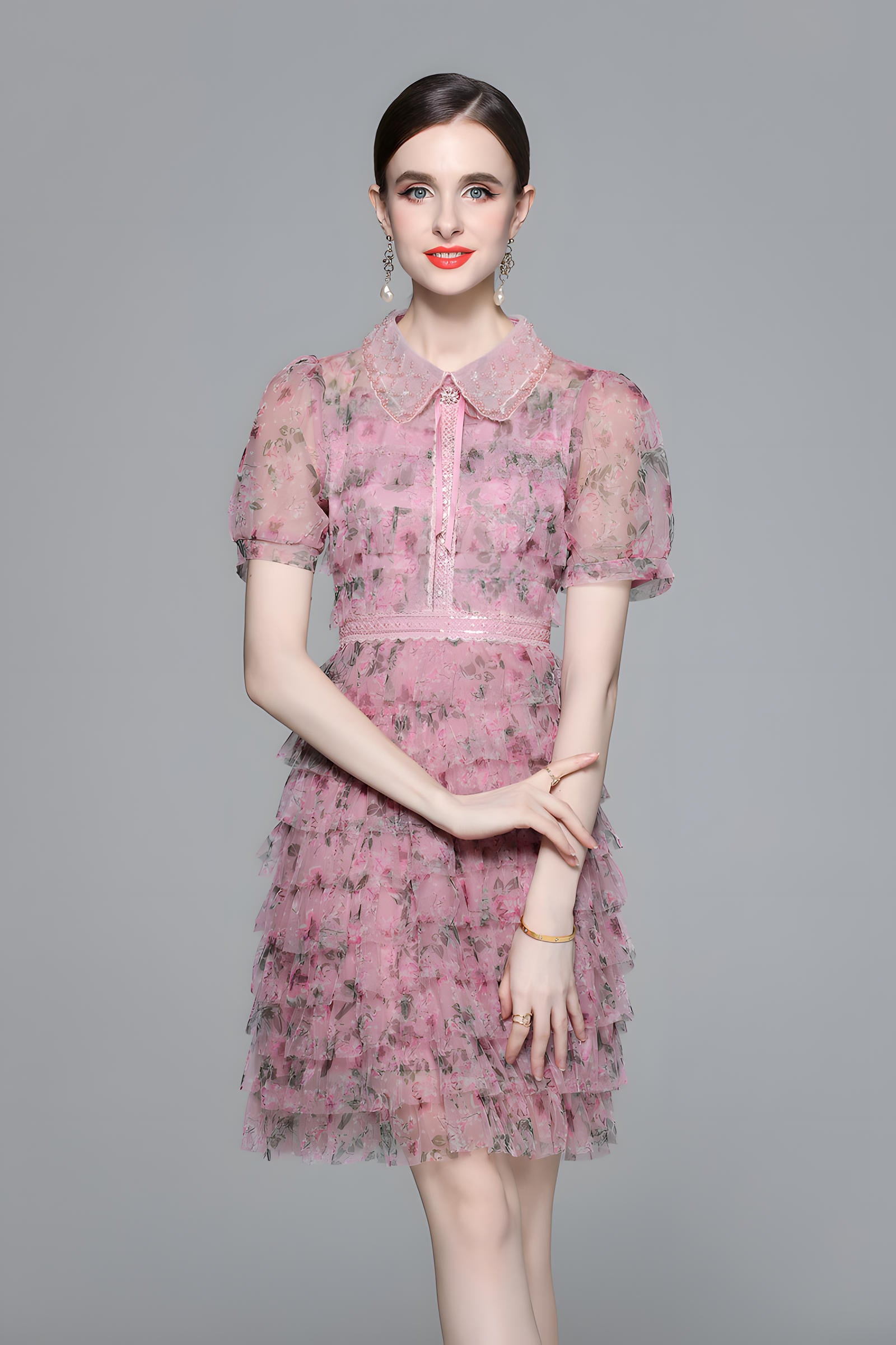 Pearl Beaded Doll Collar Multitier Ruffled Mesh Skirt Rose Red Short Dress - 714108182586_BAS