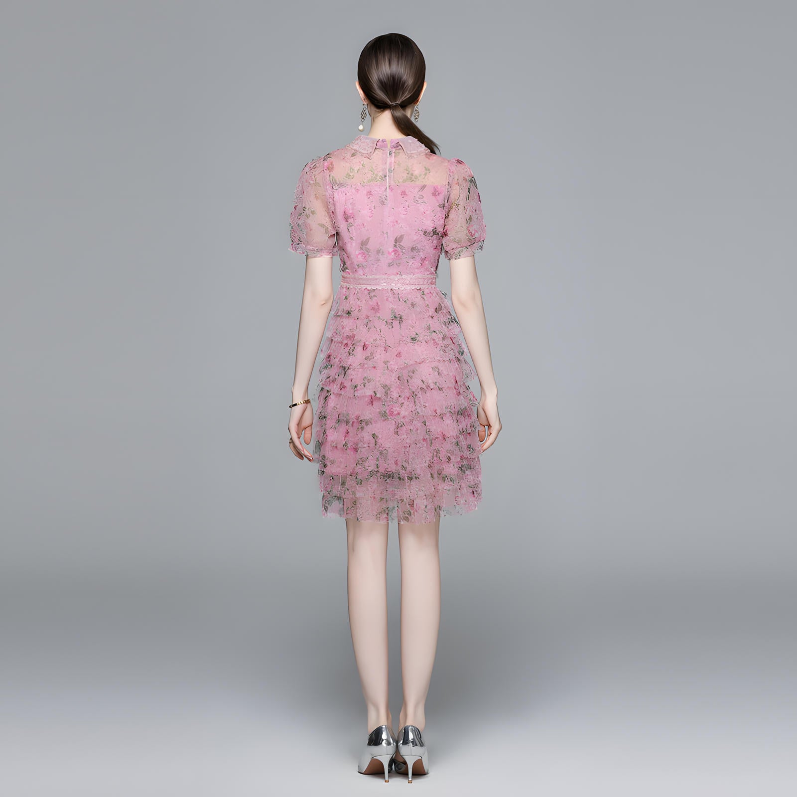 Pearl Beaded Doll Collar Multitier Ruffled Mesh Skirt Rose Red Short Dress - 714108182586_BAS