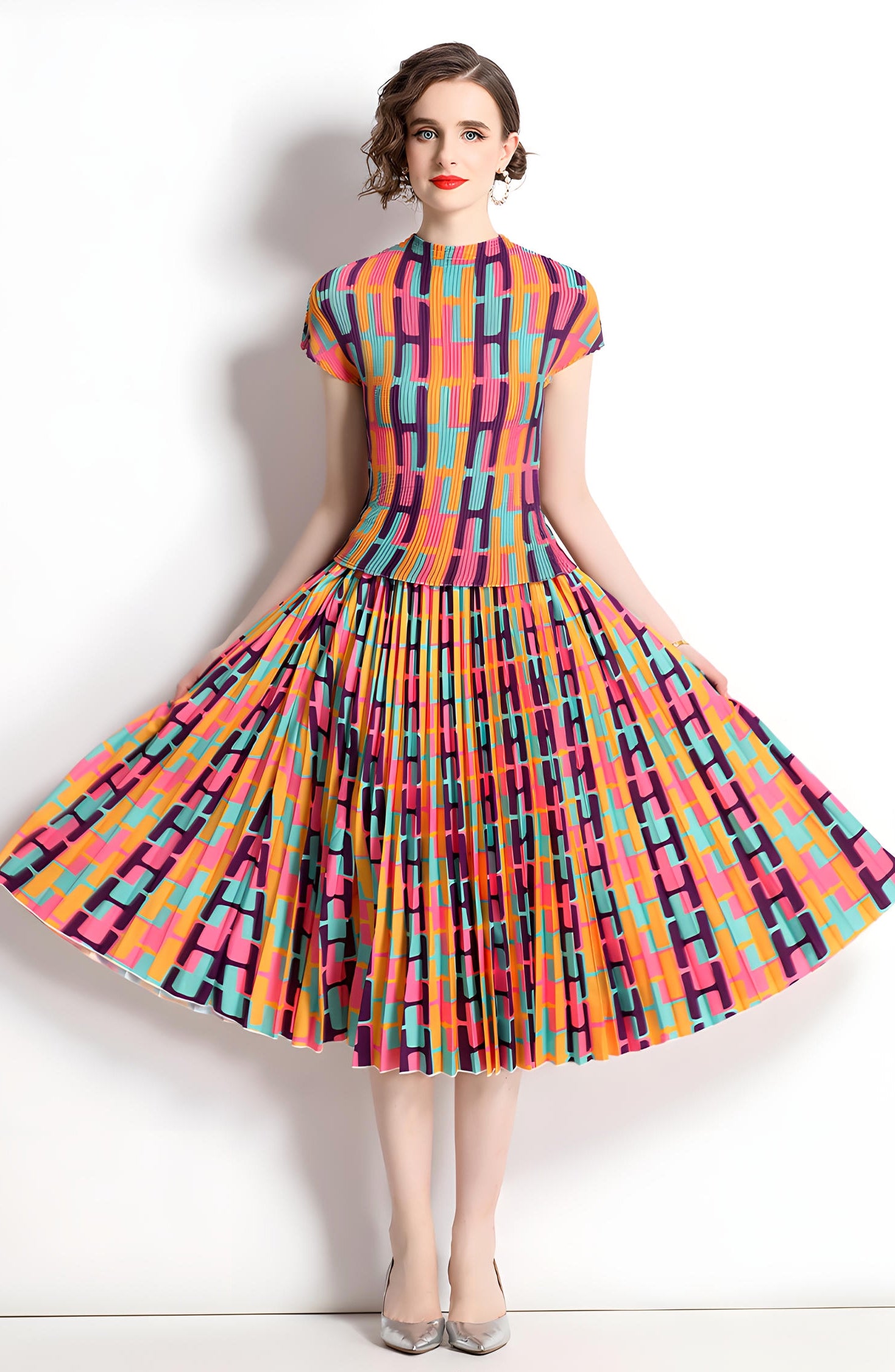 Miyaki Fold Pleated Chiffon Abstract Pattern Skirt and Blouse Set - 716373775675_BAS