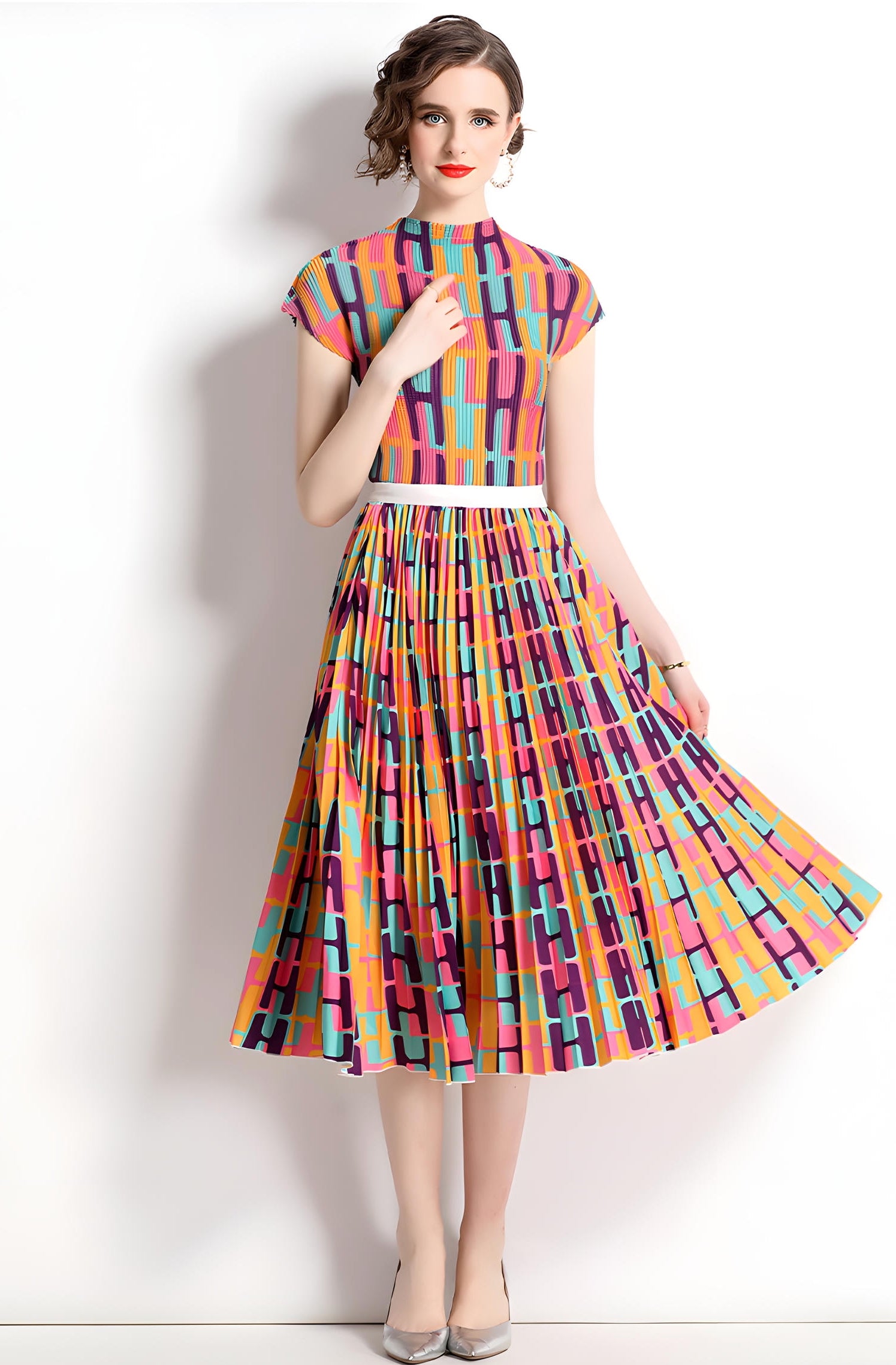 Miyaki Fold Pleated Chiffon Abstract Pattern Skirt and Blouse Set - 716373775675_BAS