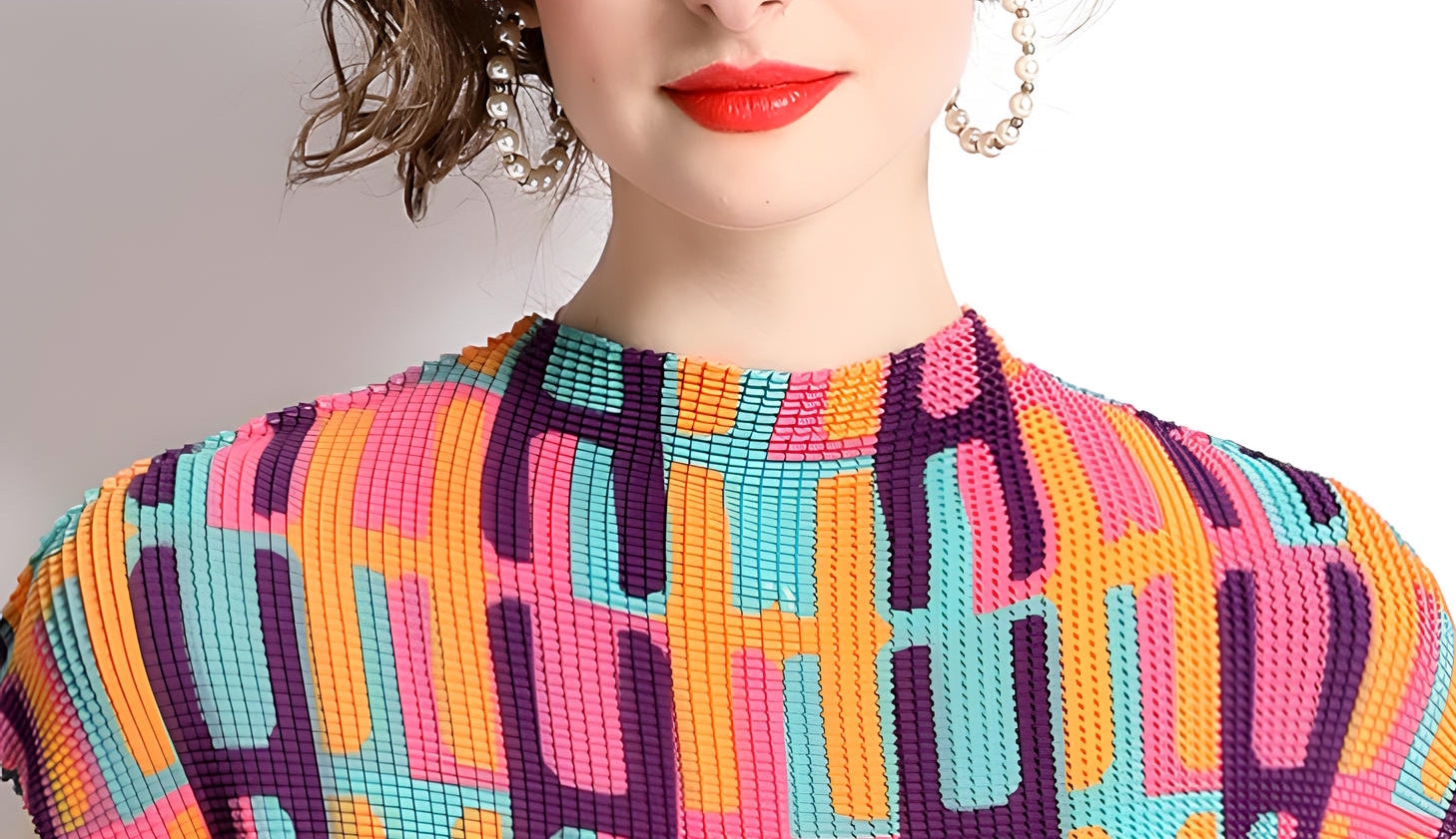 Miyaki Fold Pleated Chiffon Abstract Pattern Skirt and Blouse Set - 716373775675_BAS