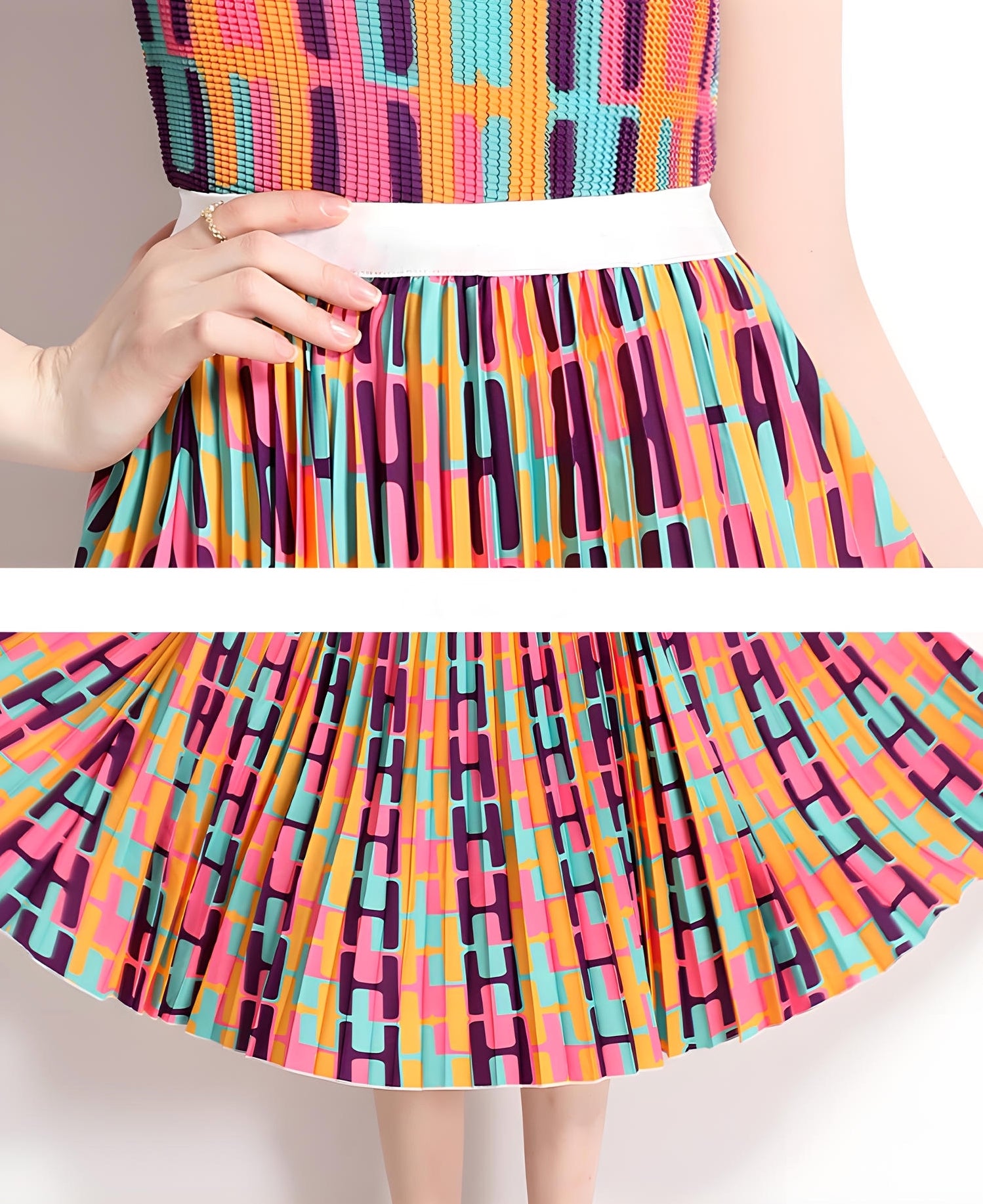 Miyaki Fold Pleated Chiffon Abstract Pattern Skirt and Blouse Set - 716373775675_BAS