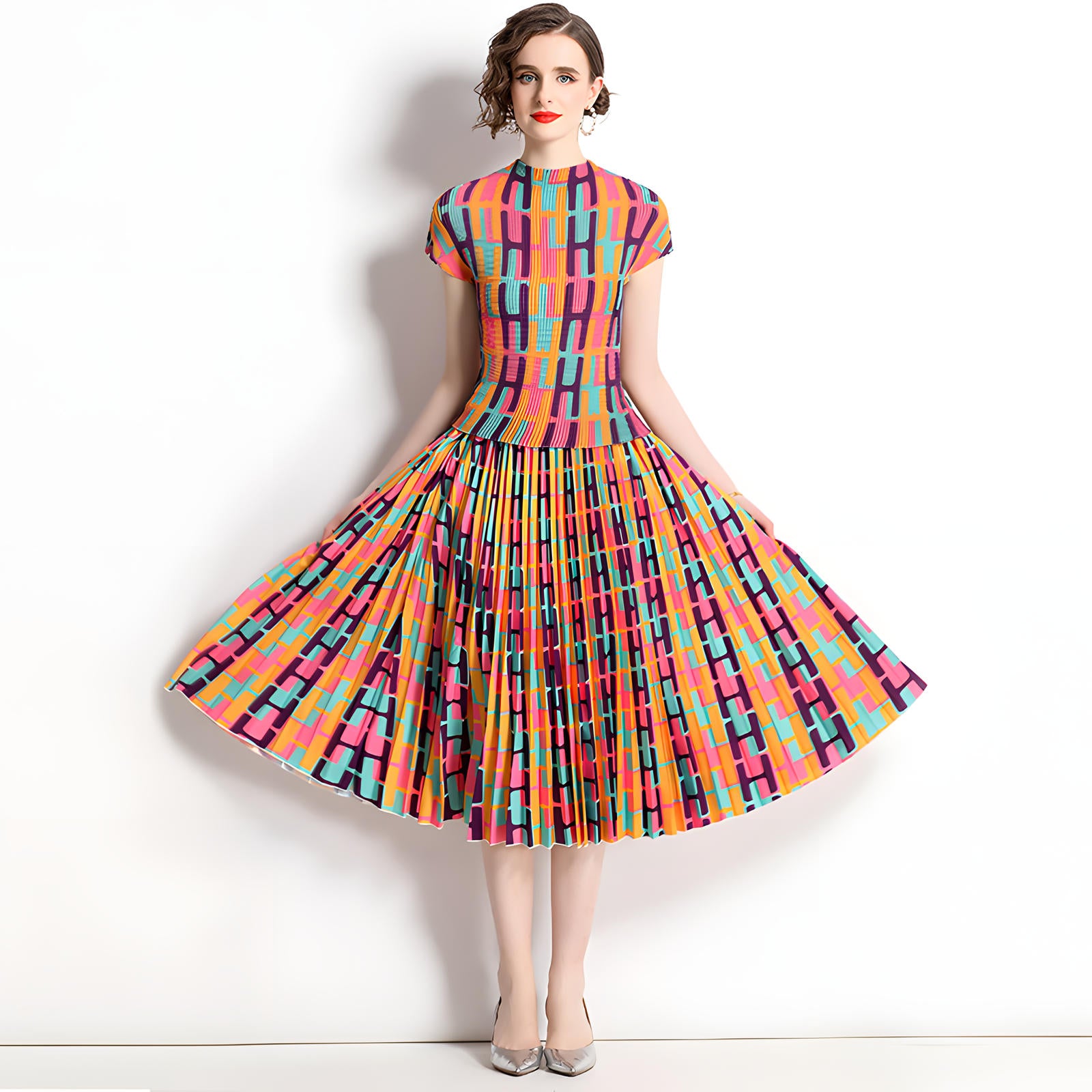 Miyaki Fold Pleated Chiffon Abstract Pattern Skirt and Blouse Set - 716373775675_BAS