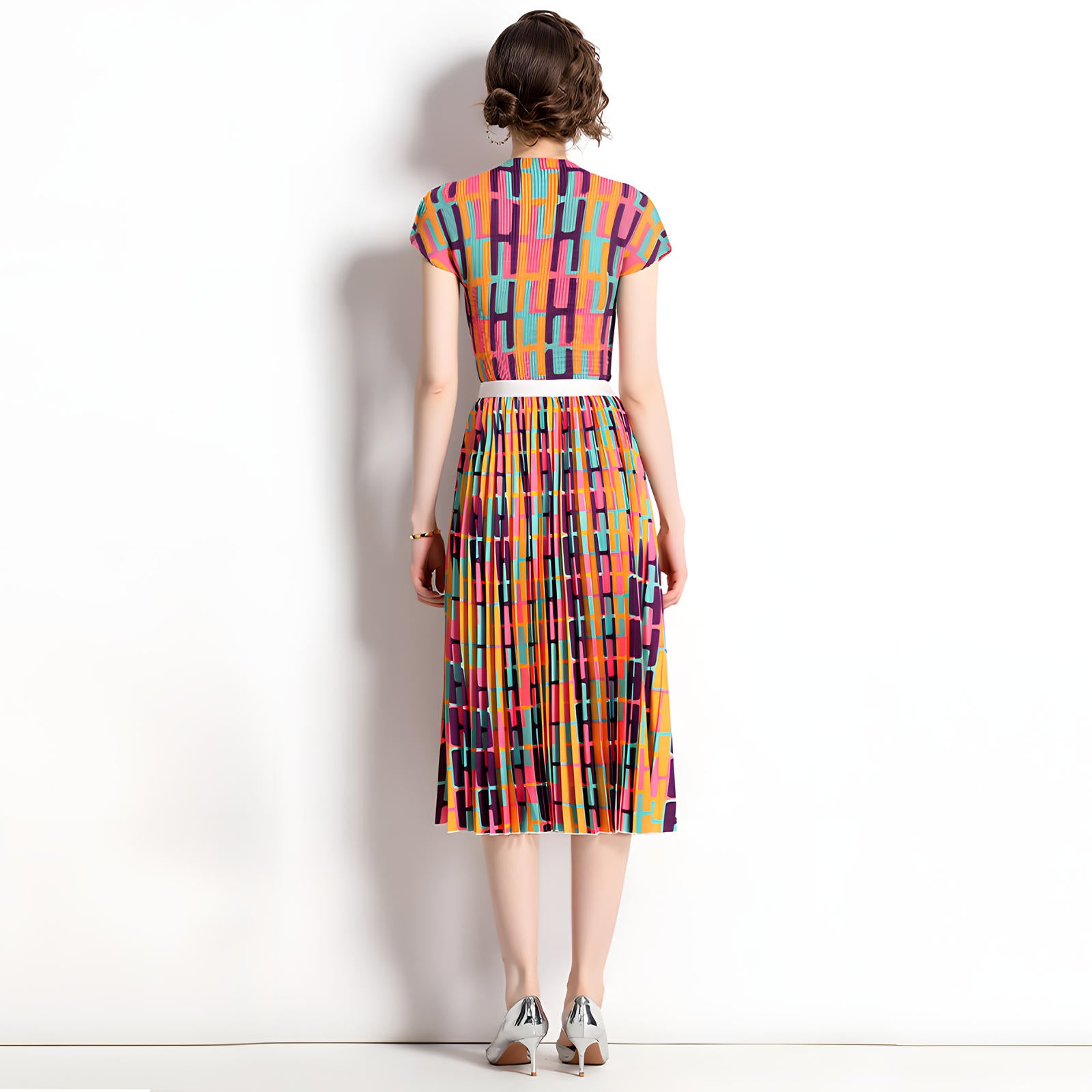 Miyaki Fold Pleated Chiffon Abstract Pattern Skirt and Blouse Set - 716373775675_BAS