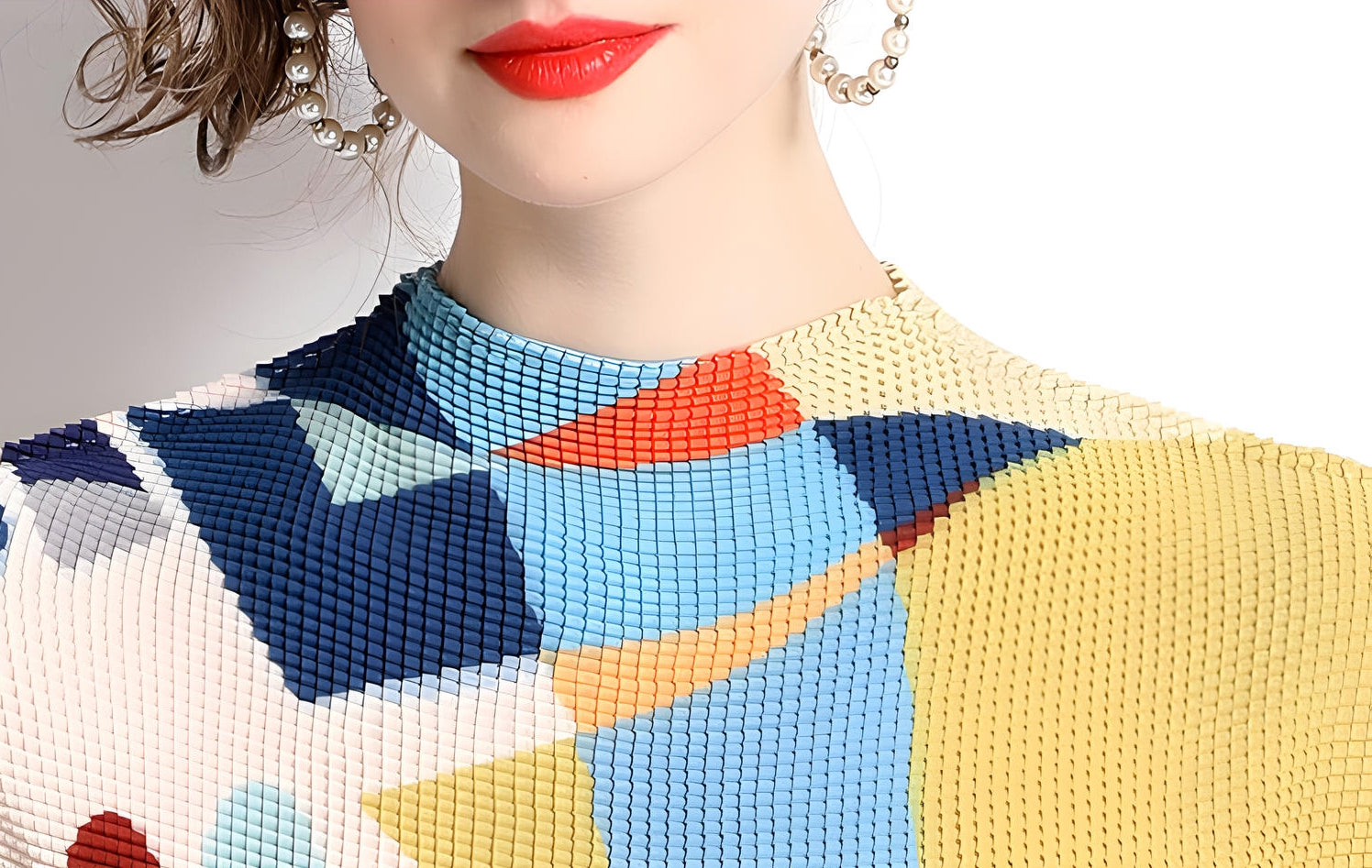 Abstract Pattern Miyaki Fold Blouse Pleated Skirt Two Piece Chiffon Set - 716400727184_BAS