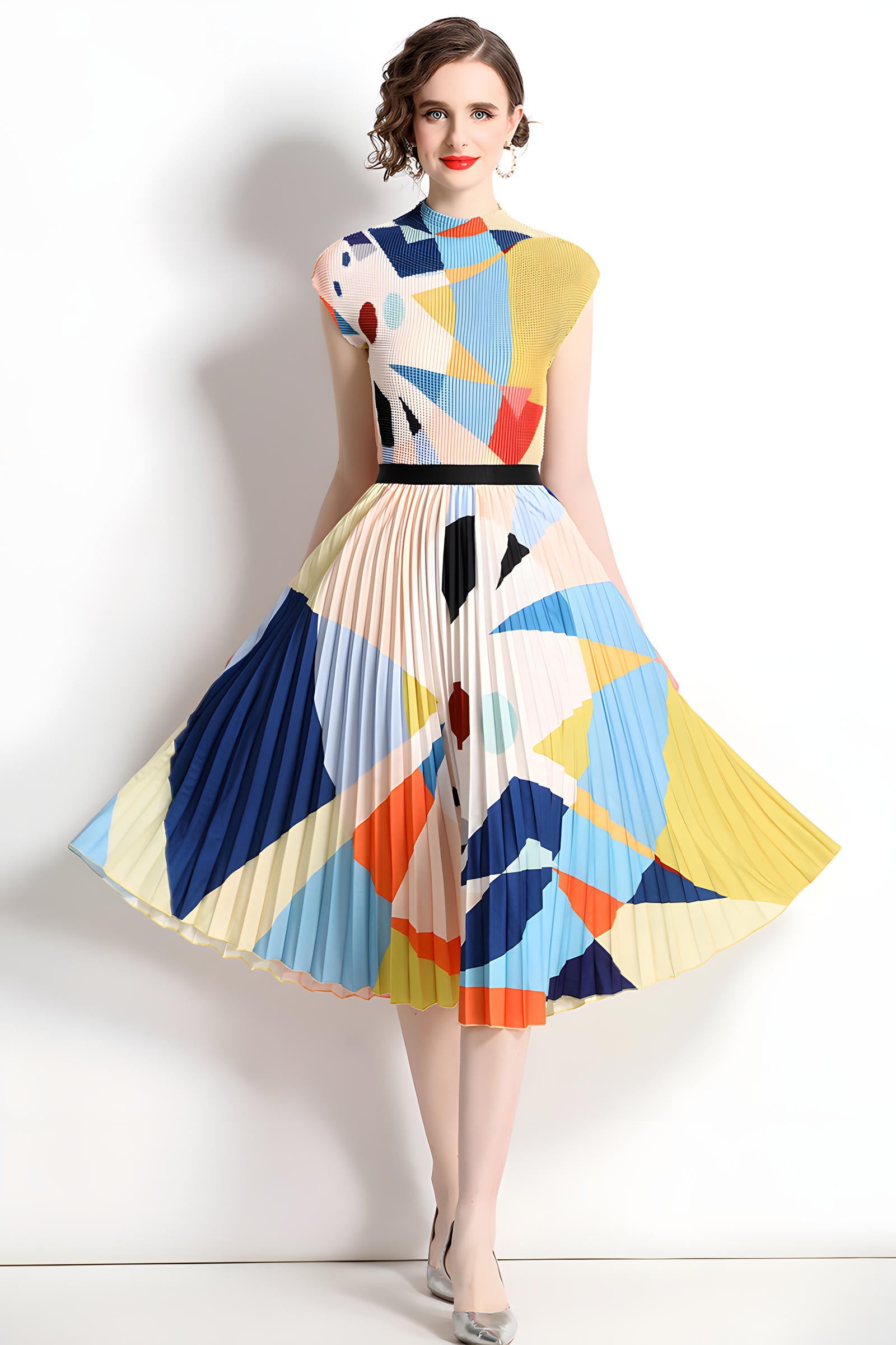 Abstract Pattern Miyaki Fold Blouse Pleated Skirt Two Piece Chiffon Set - 716400727184_BAS