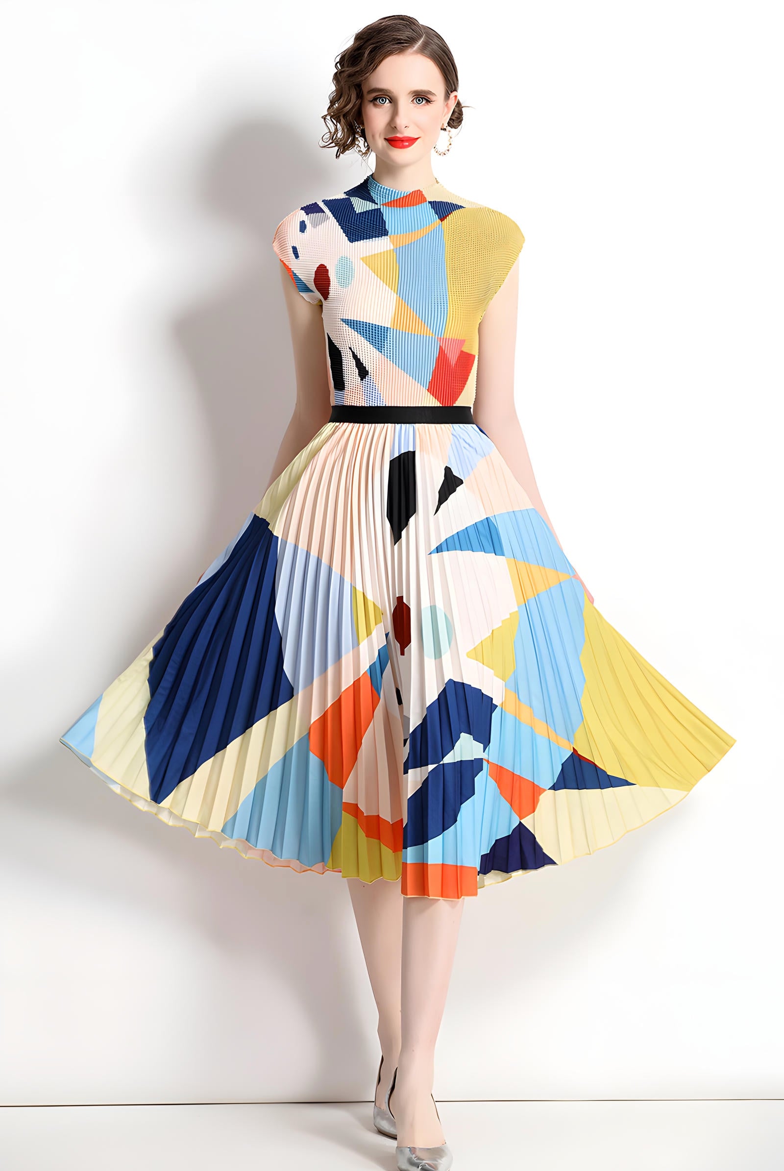 Abstract Pattern Miyaki Fold Blouse Pleated Skirt Two Piece Chiffon Set - 716400727184_BAS