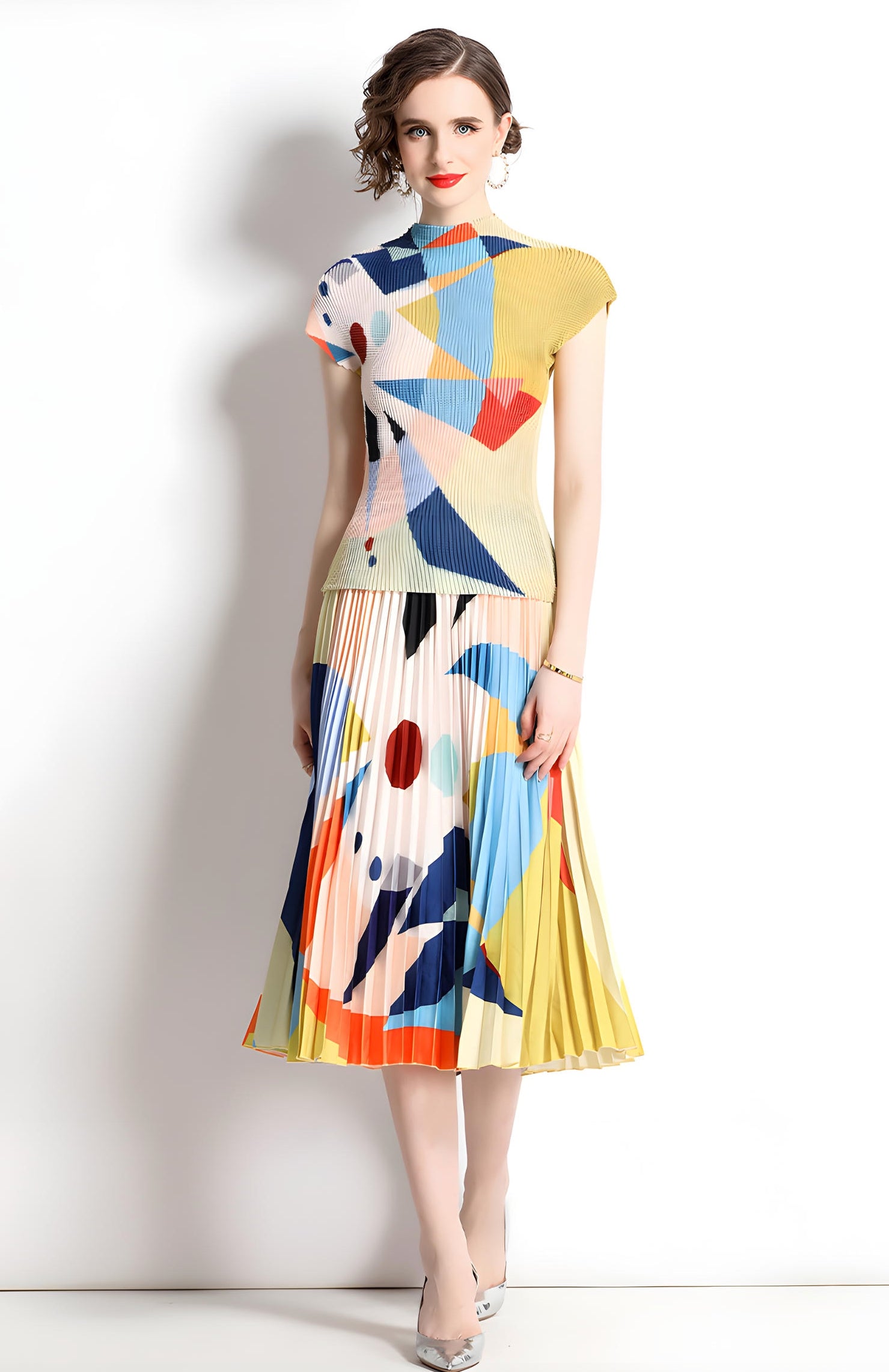 Abstract Pattern Miyaki Fold Blouse Pleated Skirt Two Piece Chiffon Set - 716400727184_BAS