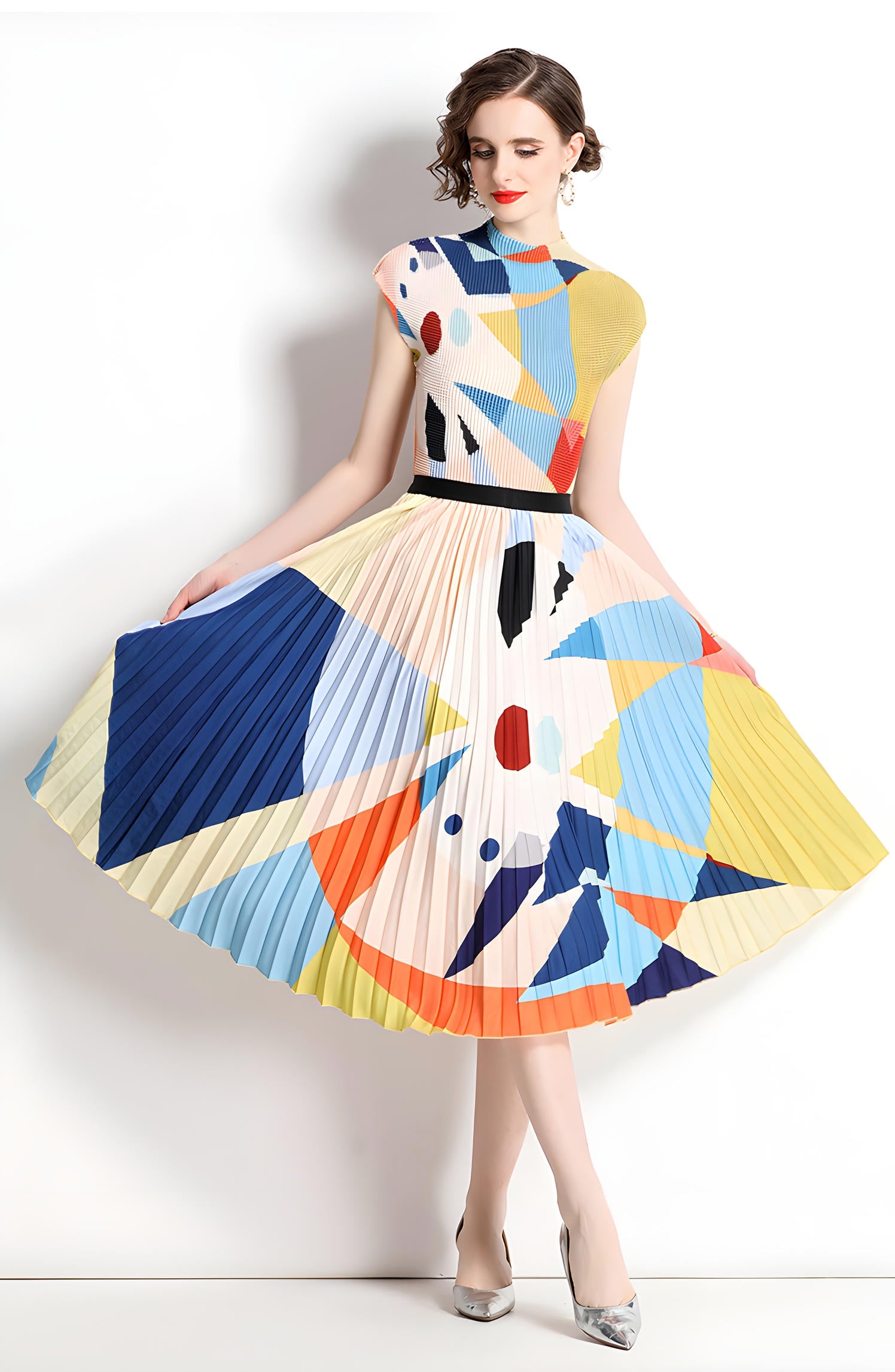 Abstract Pattern Miyaki Fold Blouse Pleated Skirt Two Piece Chiffon Set - 716400727184_BAS