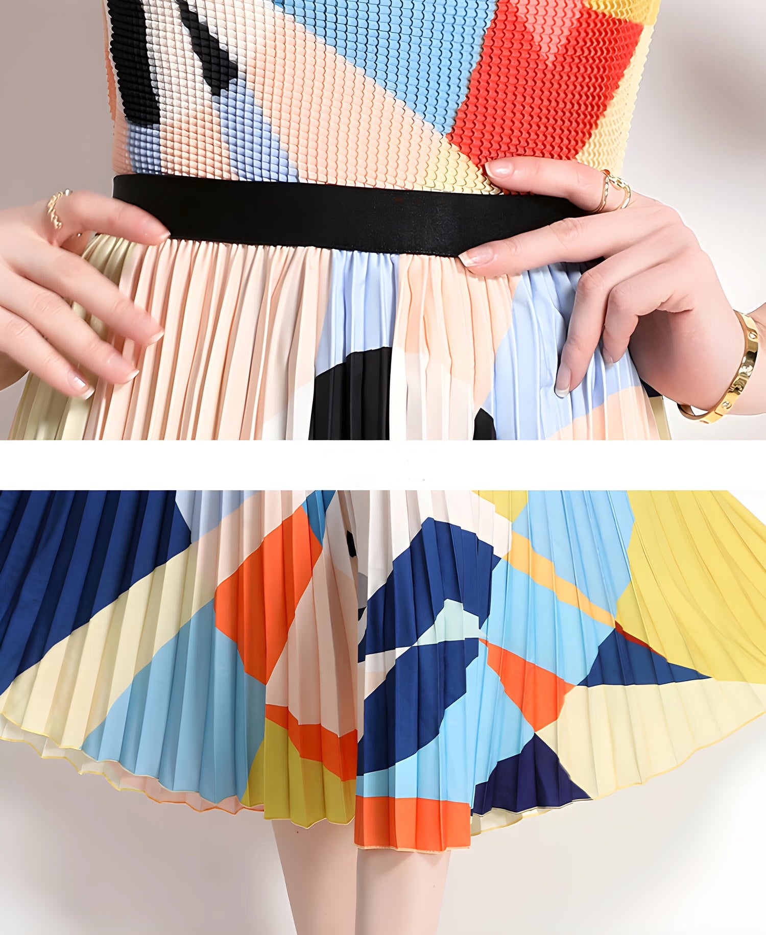 Abstract Pattern Miyaki Fold Blouse Pleated Skirt Two Piece Chiffon Set - 716400727184_BAS